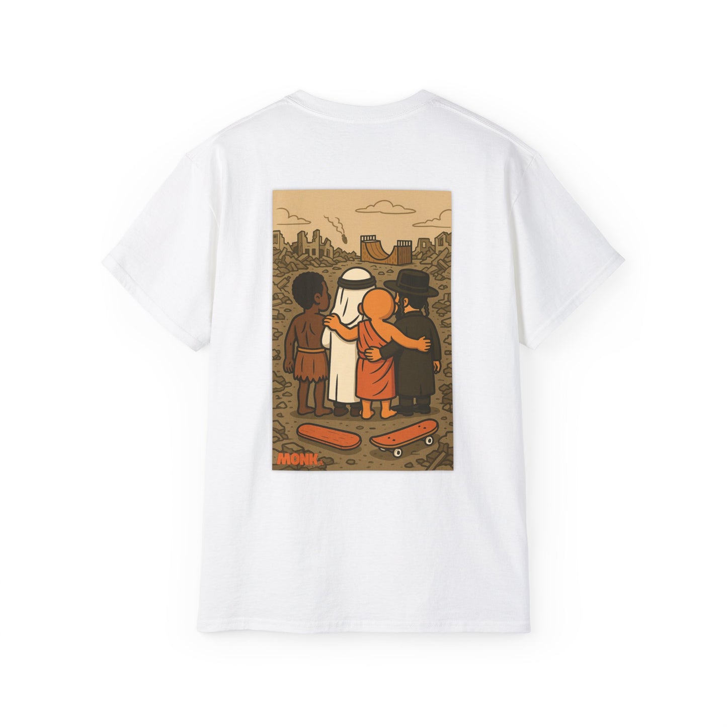 Help Gaza Skateboarding Adult 100% Cotton T-shirt Monk Back View White Color