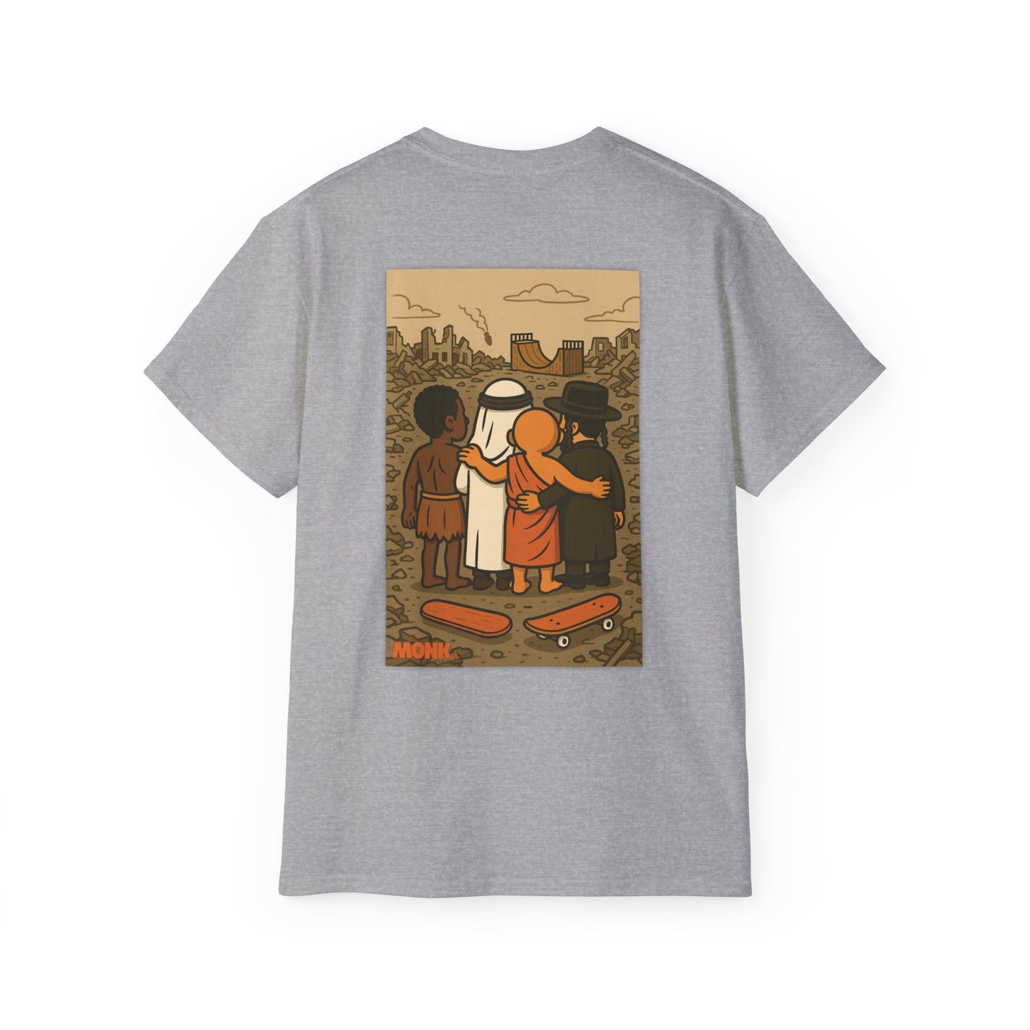 Help Gaza Skateboarding Adult 100% Cotton T-shirt Monk Back View Grey Color