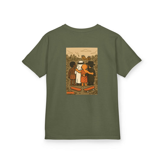 100% Cotton Youth T-shirt Help Gaza Unite by Skateboarding Monk Front View Military Green Color Back View