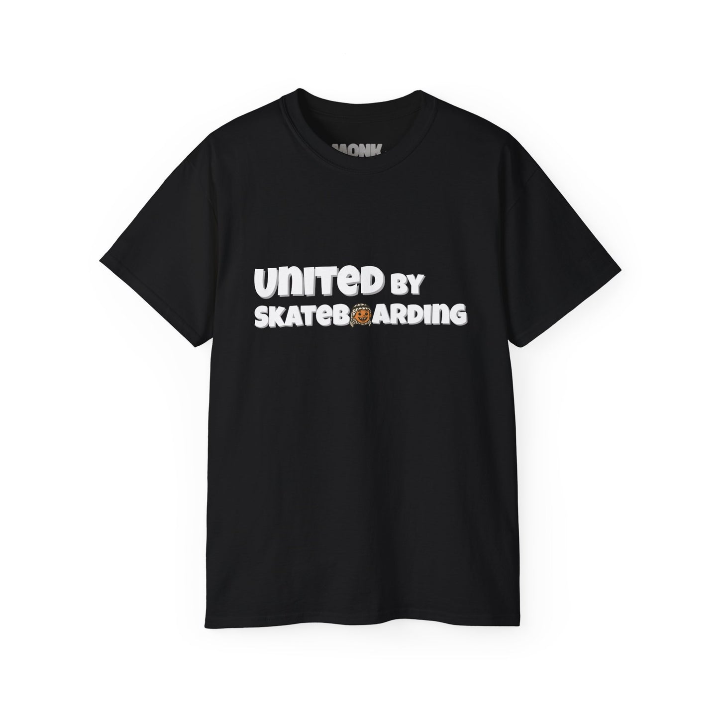 Help Gaza Skateboarding Adult 100% Cotton T-shirt Monk Front View Black Color