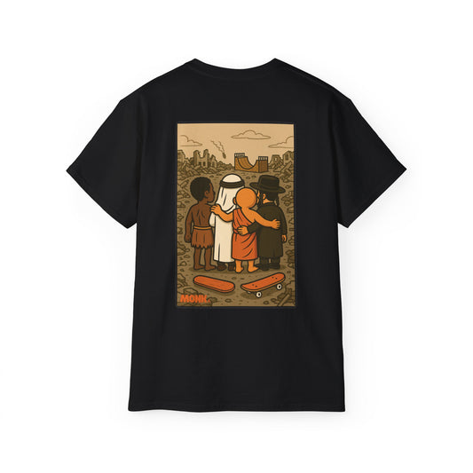 Help Gaza Skateboarding Adult 100% Cotton T-shirt Monk Backt View Black Color
