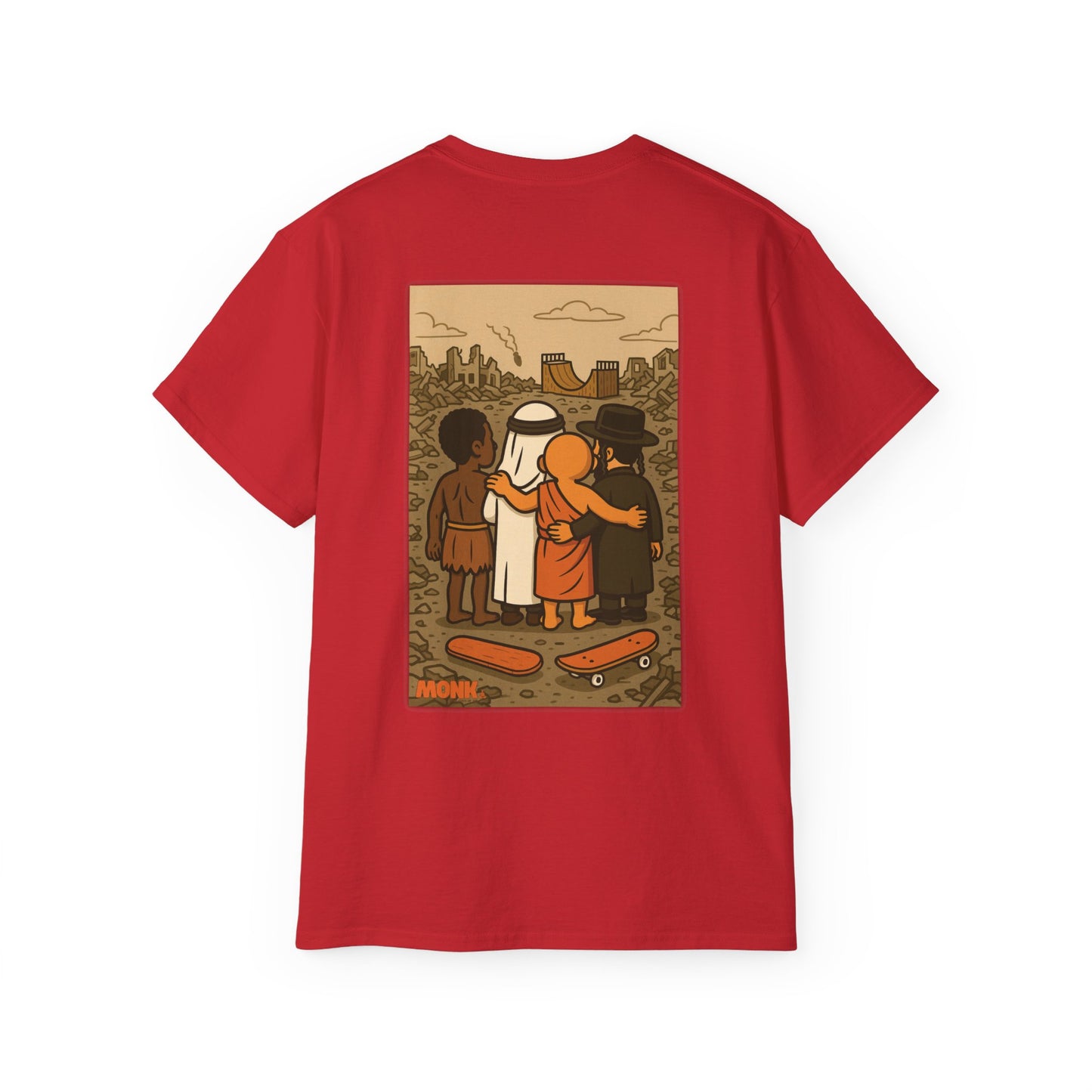 Help Gaza Skateboarding Adult 100% Cotton T-shirt Monk Back View Red Color