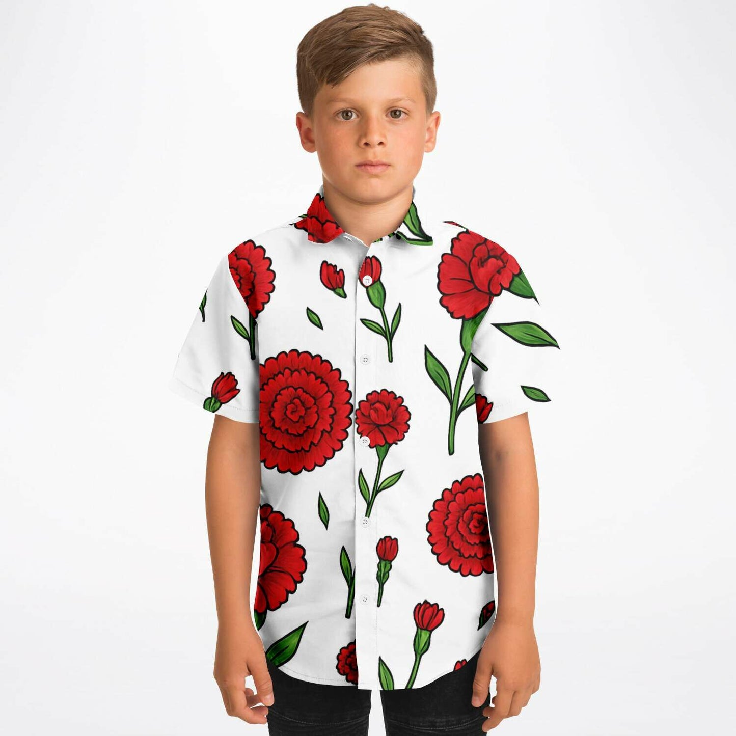 Kid and Youth Hawaiian Shirt Portuguese Revolution 25 Abril Cravos Boy Front View