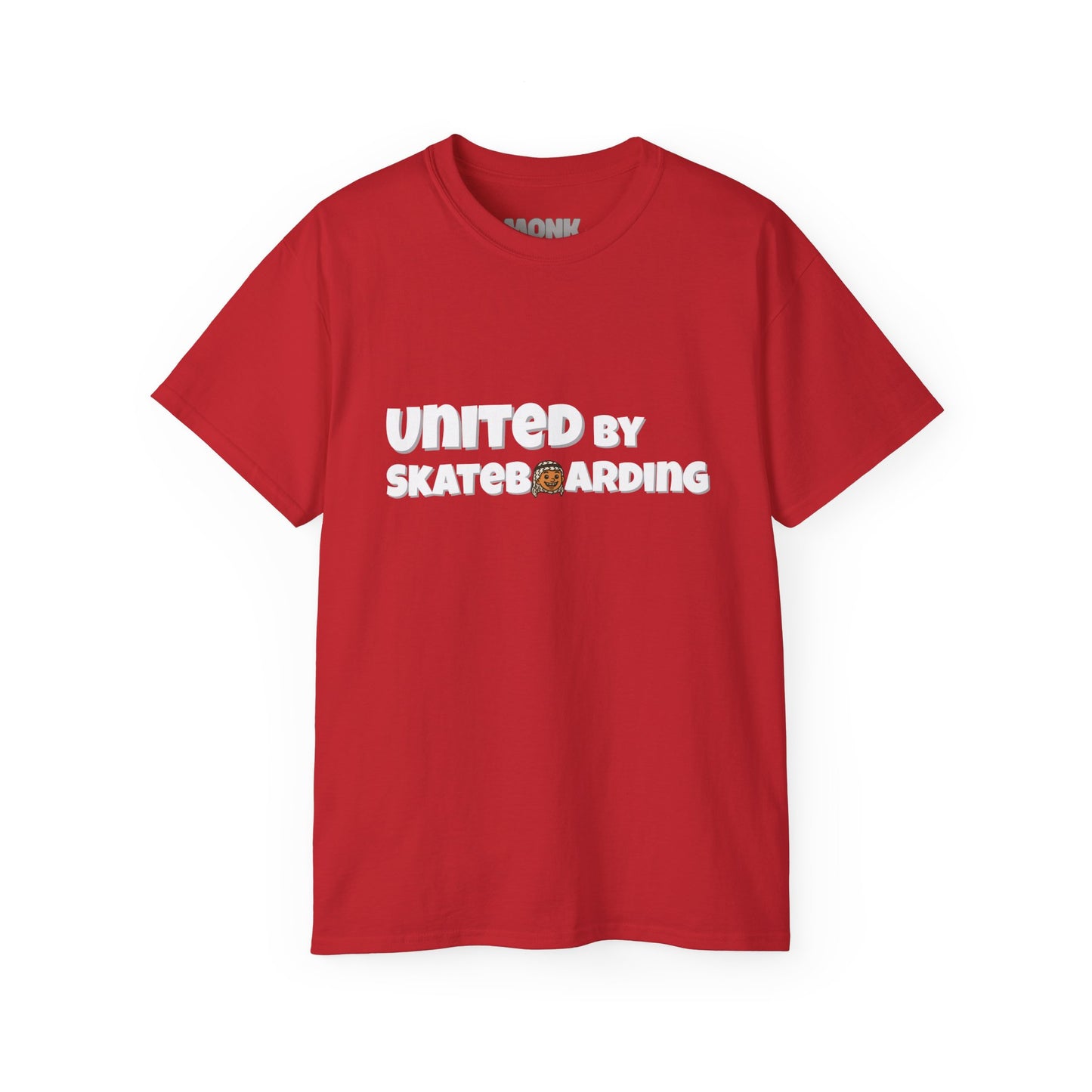 Help Gaza Skateboarding Adult 100% Cotton T-shirt Monk Front View Red Color