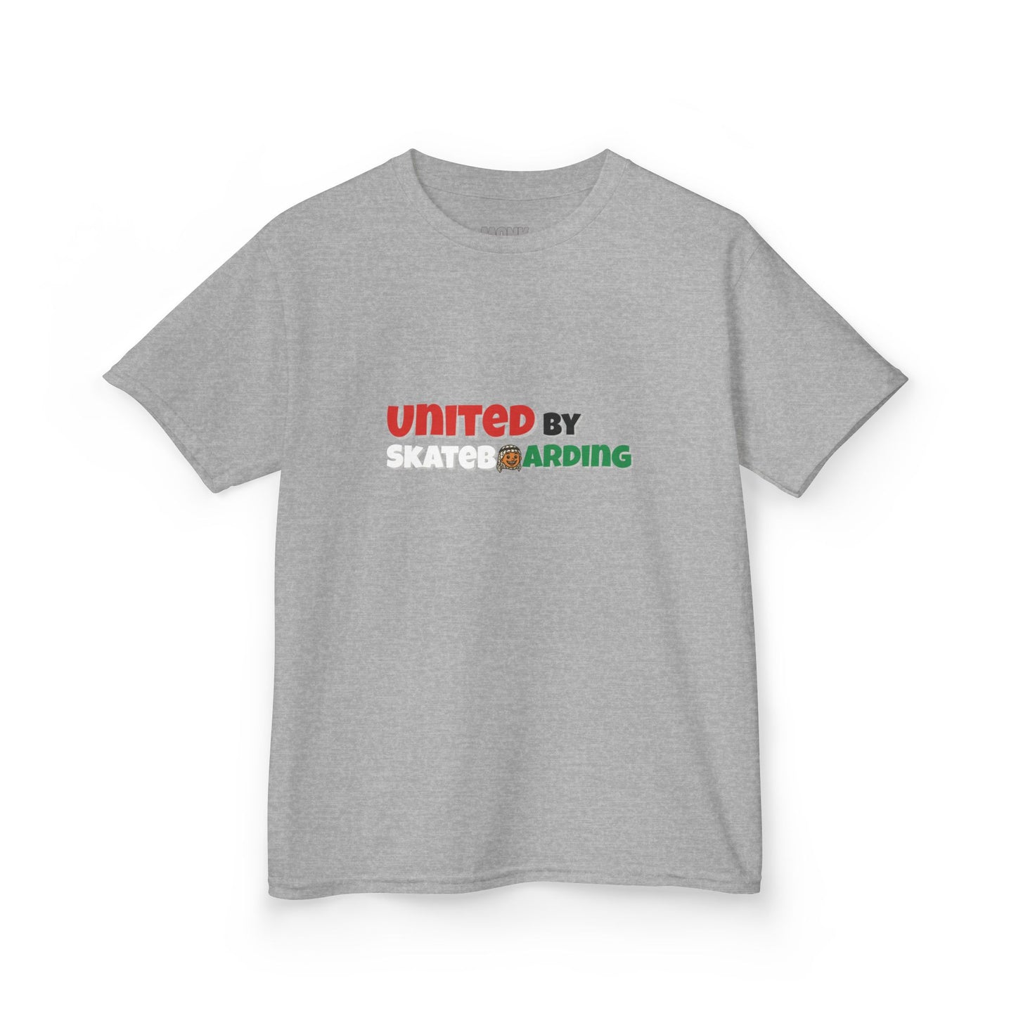 100% Cotton Youth T-shirt Help Gaza Unite by Skateboarding Monk Front View GreyColor Front View