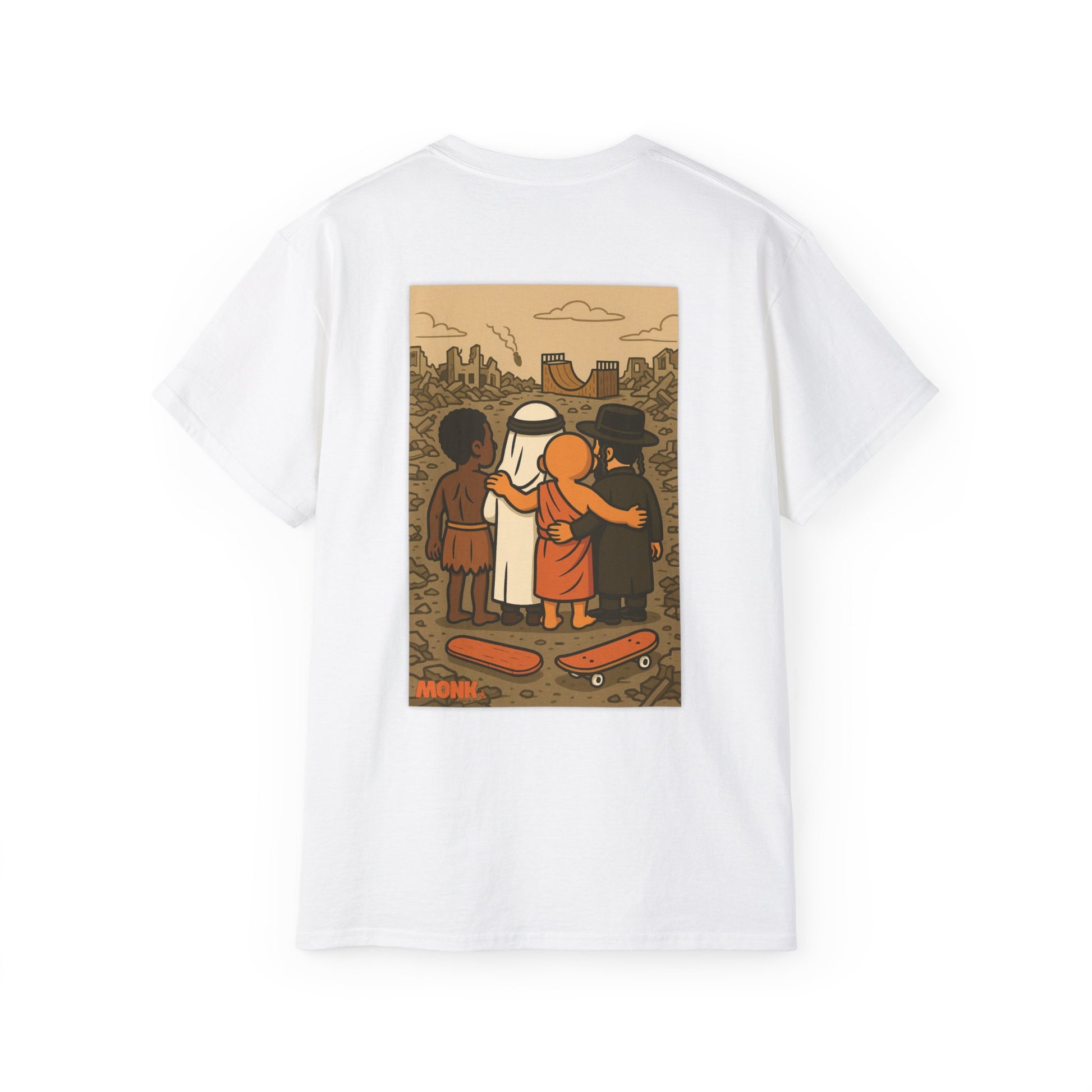 Help Gaza Skateboarding Adult 100% Cotton T-shirt Monk Back View White Color