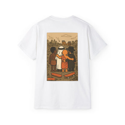Help Gaza Skateboarding Adult 100% Cotton T-shirt Monk Back View White Color