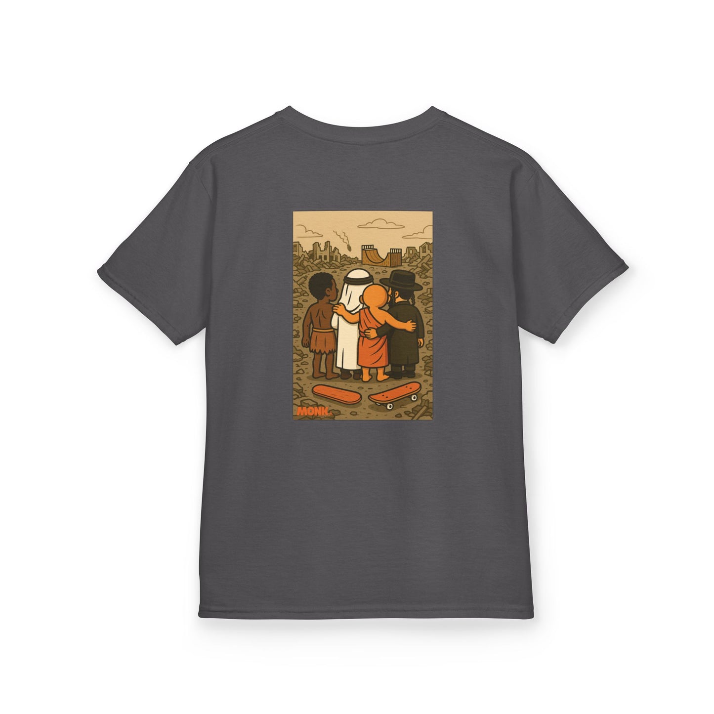 100% Cotton Youth T-shirt Help Gaza Unite by Skateboarding Monk Front View Charcoal Color Back View