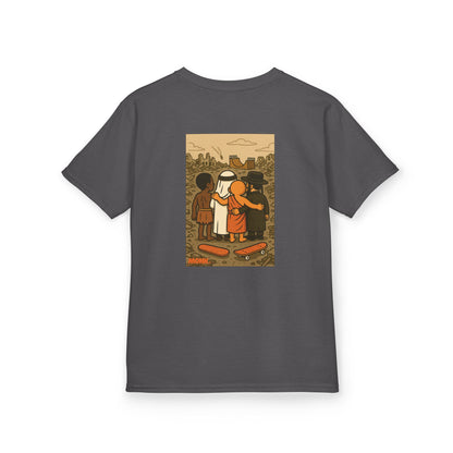 100% Cotton Youth T-shirt Help Gaza Unite by Skateboarding Monk Front View Charcoal Color Back View