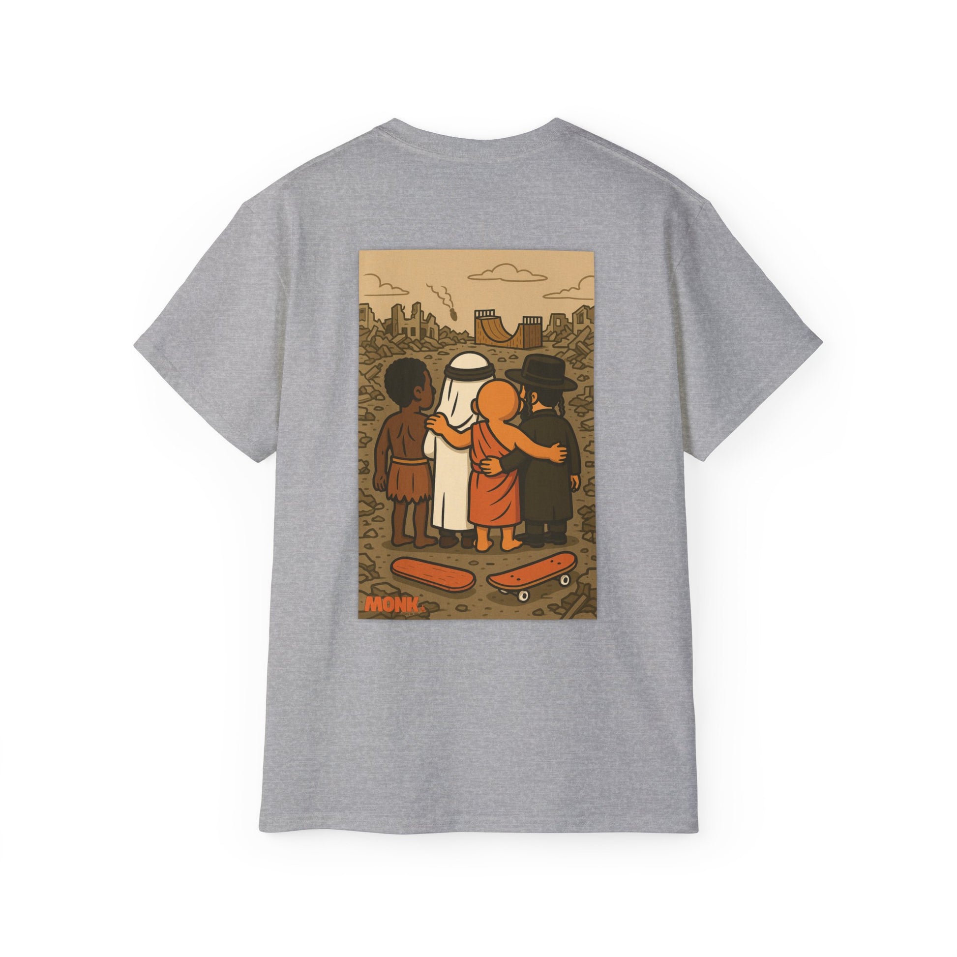 Help Gaza Skateboarding Adult 100% Cotton T-shirt Monk Back View Grey Color