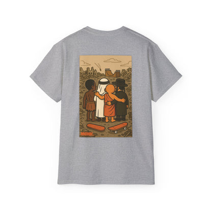 Help Gaza Skateboarding Adult 100% Cotton T-shirt Monk Back View Grey Color