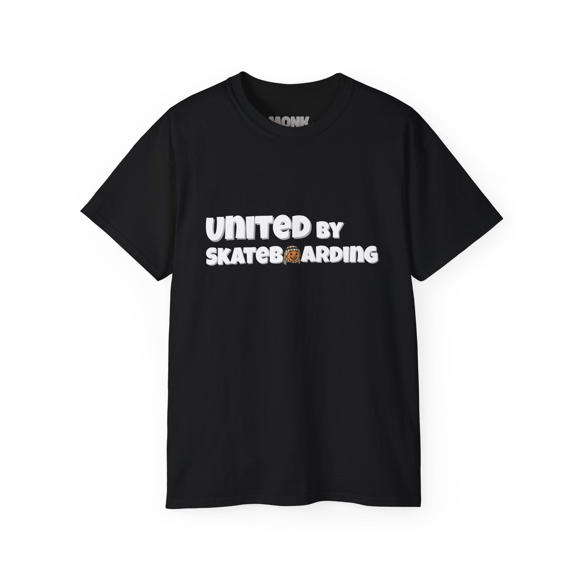 Help Gaza Skateboarding Adult 100% Cotton T-shirt Monk Front View Black Color