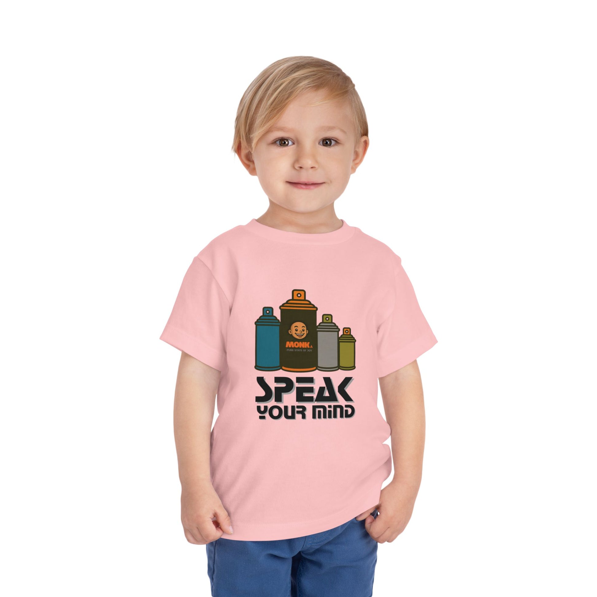 T-shirt Kid Breathable Cotton Monk Speak Loud Boy Front View Pink Color