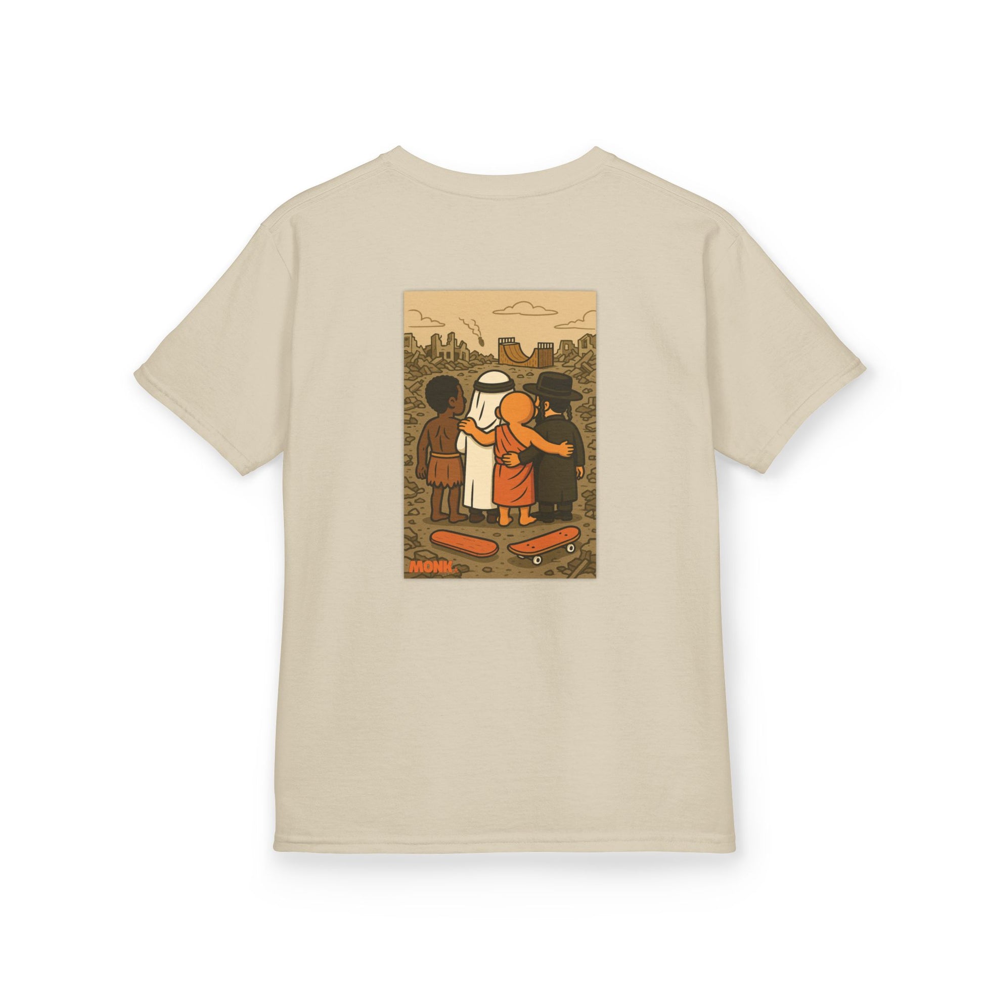100% Cotton Youth T-shirt Help Gaza Unite by Skateboarding Monk Front View Sand Color Back View