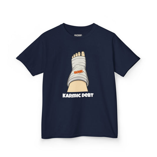 Youth T-shirt Breathable Cotton Monk Karma Front View Blue Navy Color