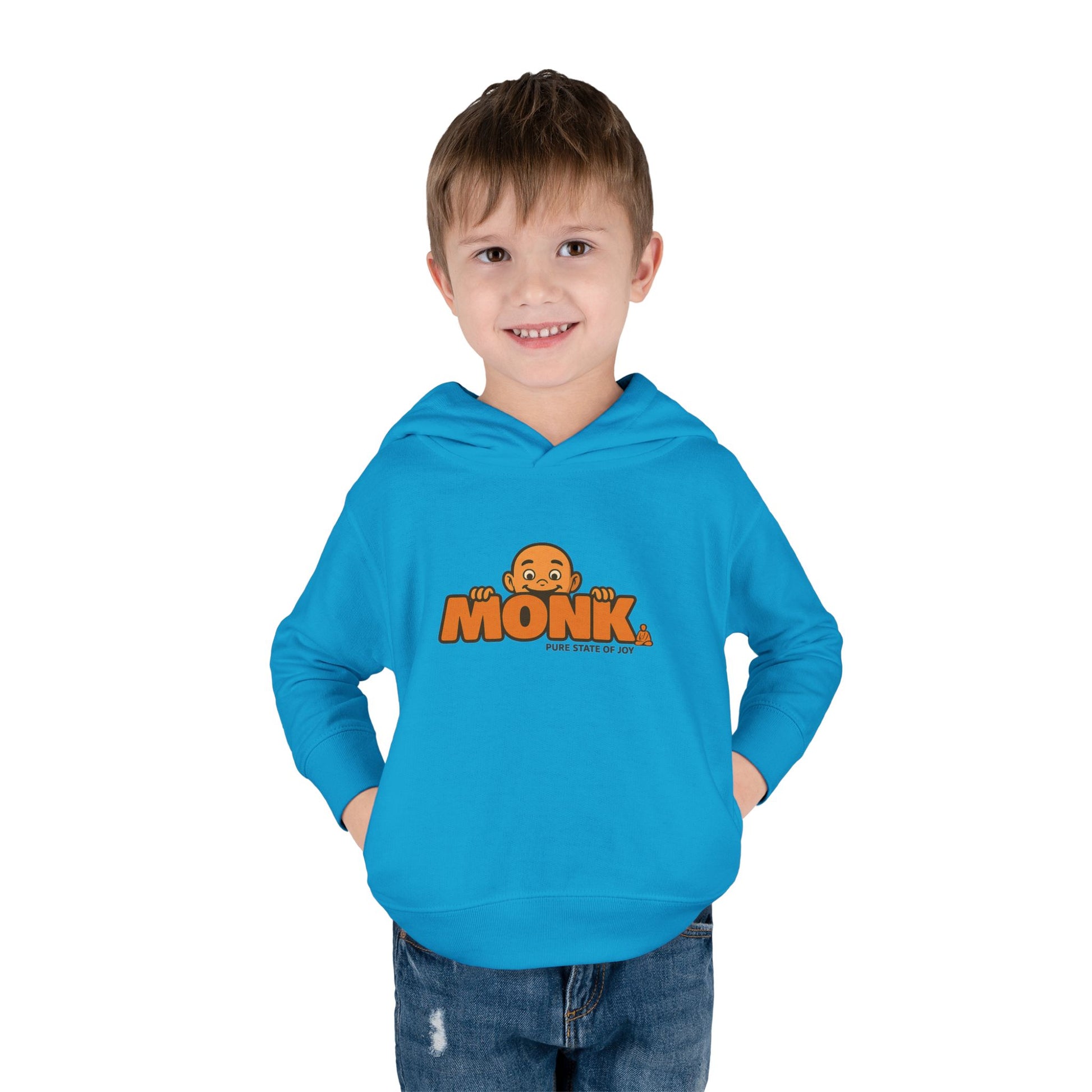 Kids Hoodie Warm Cotton Monk Hide and Seek Boy Front View Turquoise Color