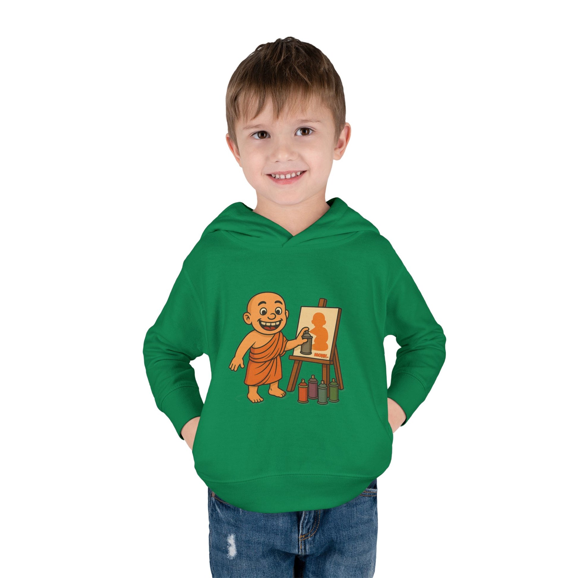 Kids Hoodie Warm Cotton Monk Hide and Seek Boy Front View Heather Kelly Green Color
