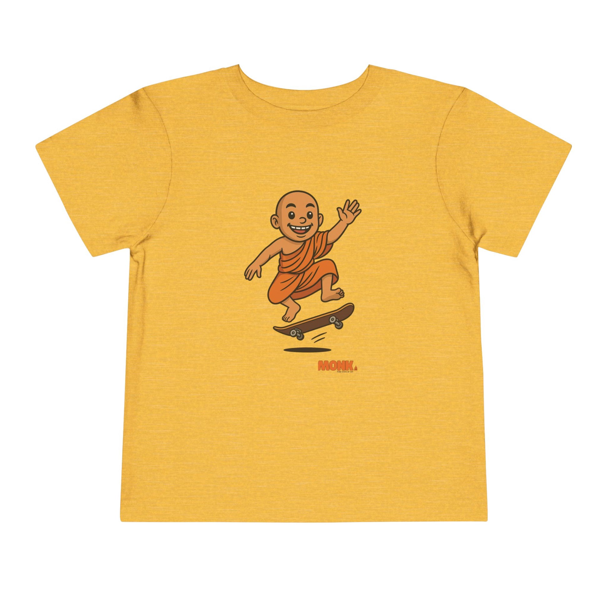 T-shirt Kid Breathable Cotton Monk Rolling Skateboard Front View Heather Yellow Gold Color