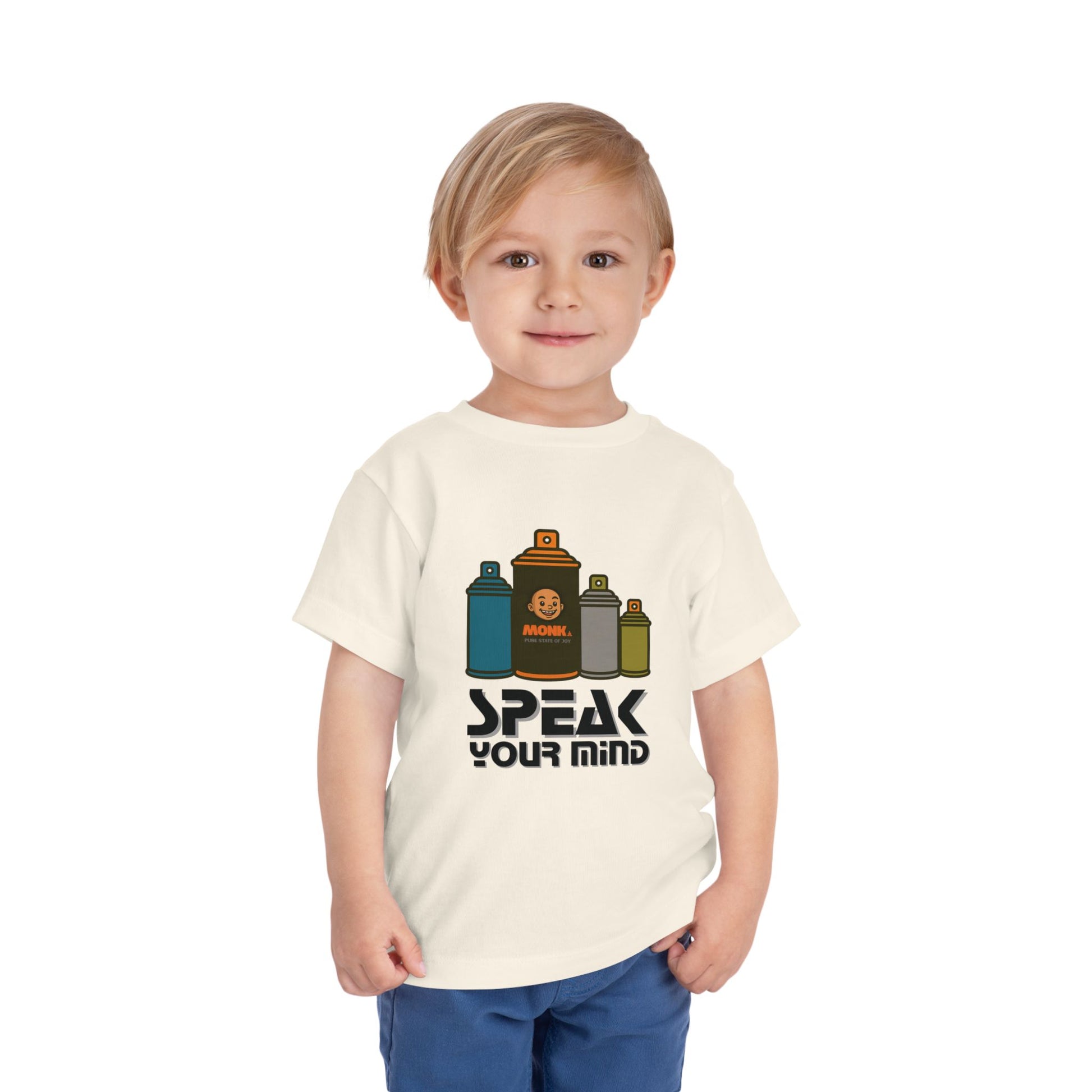 T-shirt Kid Breathable Cotton Monk Speak Loud Boy Front View Natural White Color