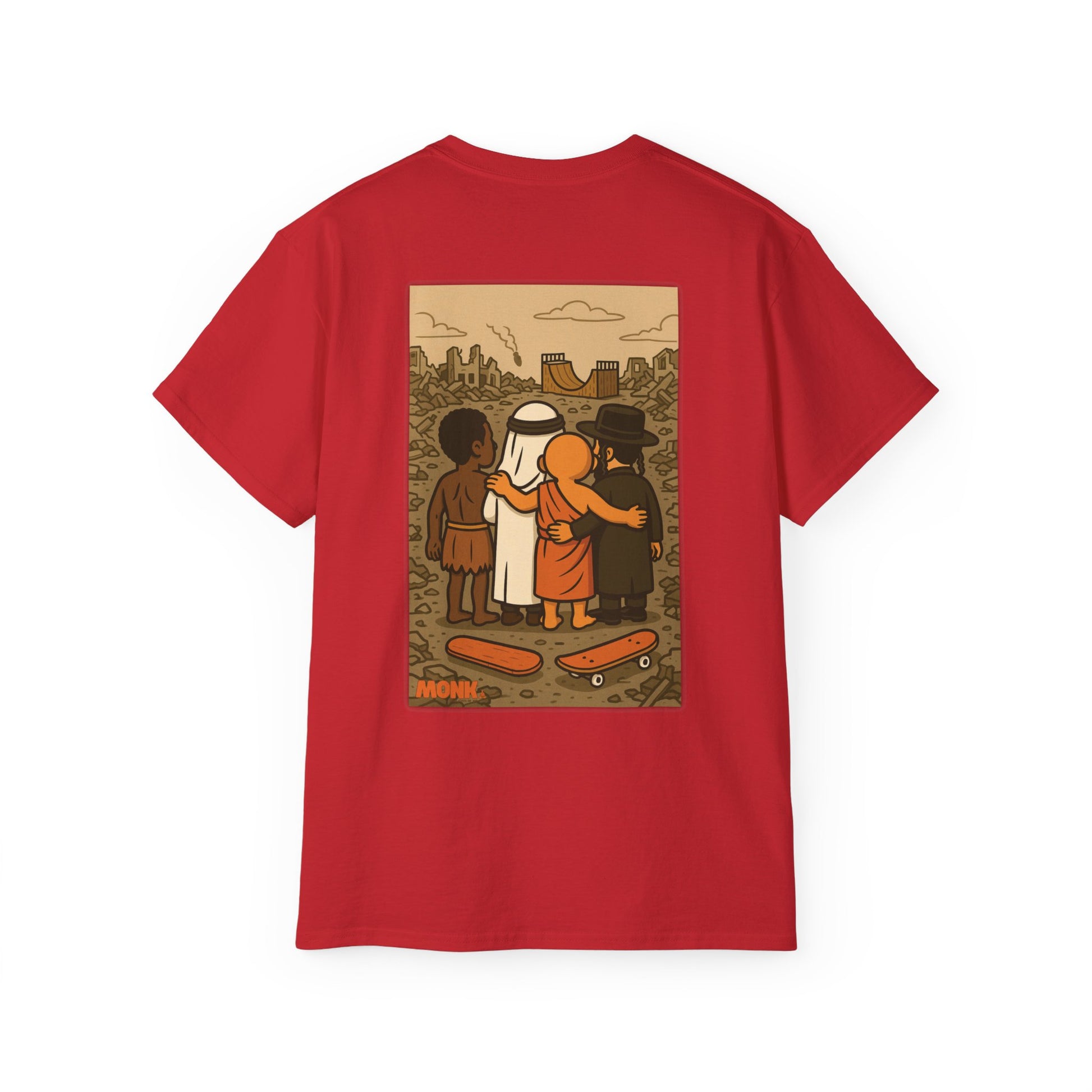 Help Gaza Skateboarding Adult 100% Cotton T-shirt Monk Back View Red Color