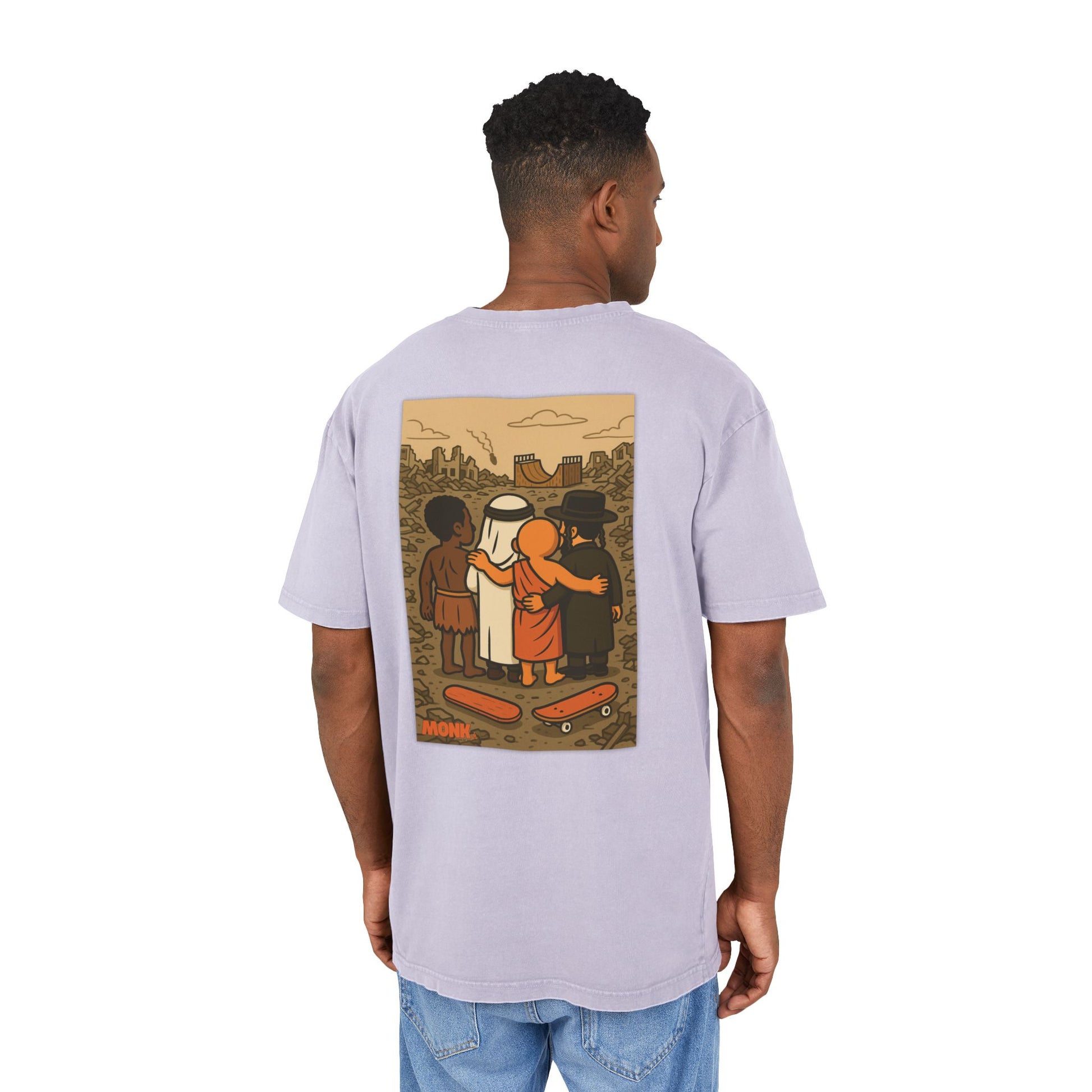 Acid Washed Adult Oversized Premium T-Shirt United For Gaza Men Back View Lilac  