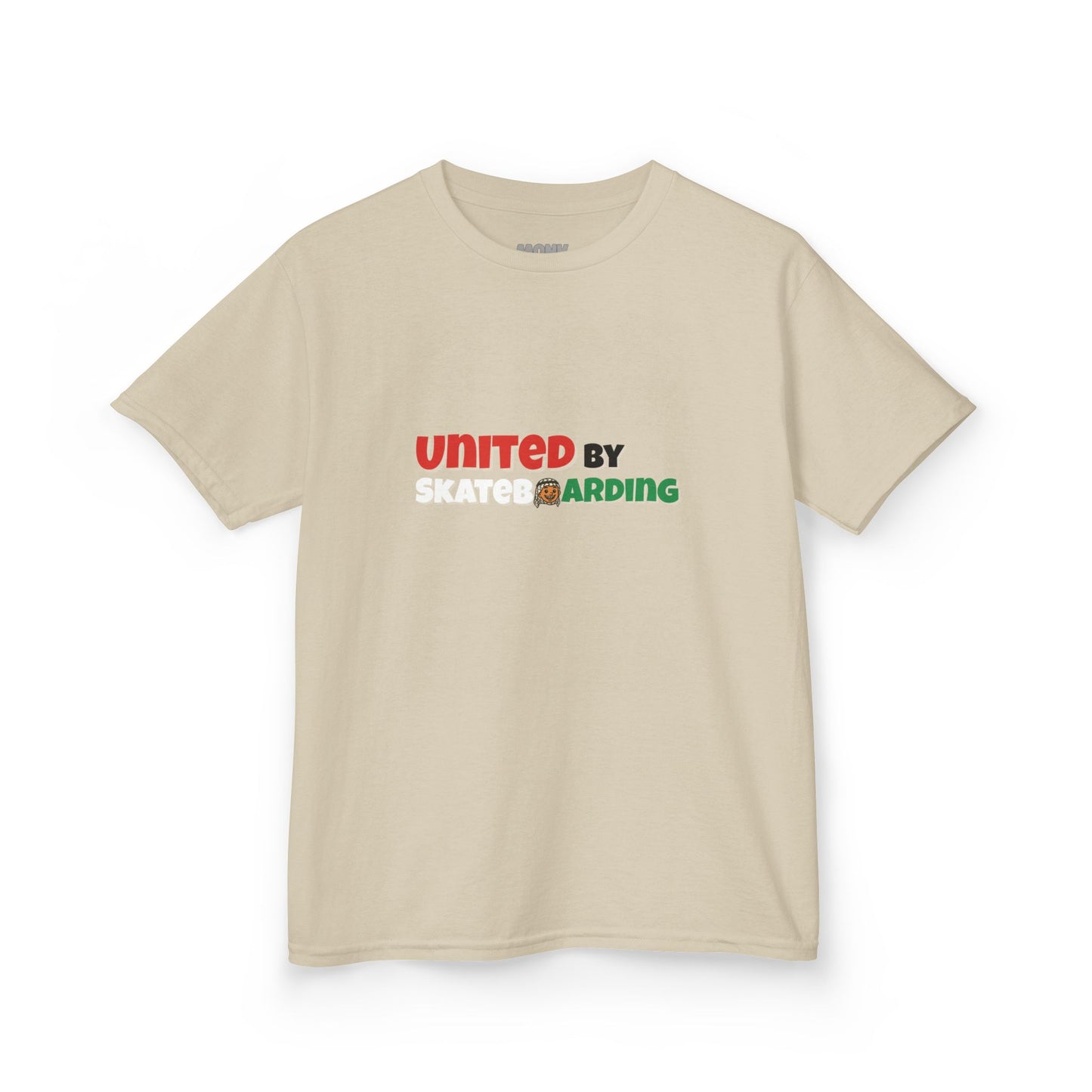 100% Cotton Youth T-shirt Help Gaza Unite by Skateboarding Monk Front View Sand Color Front View