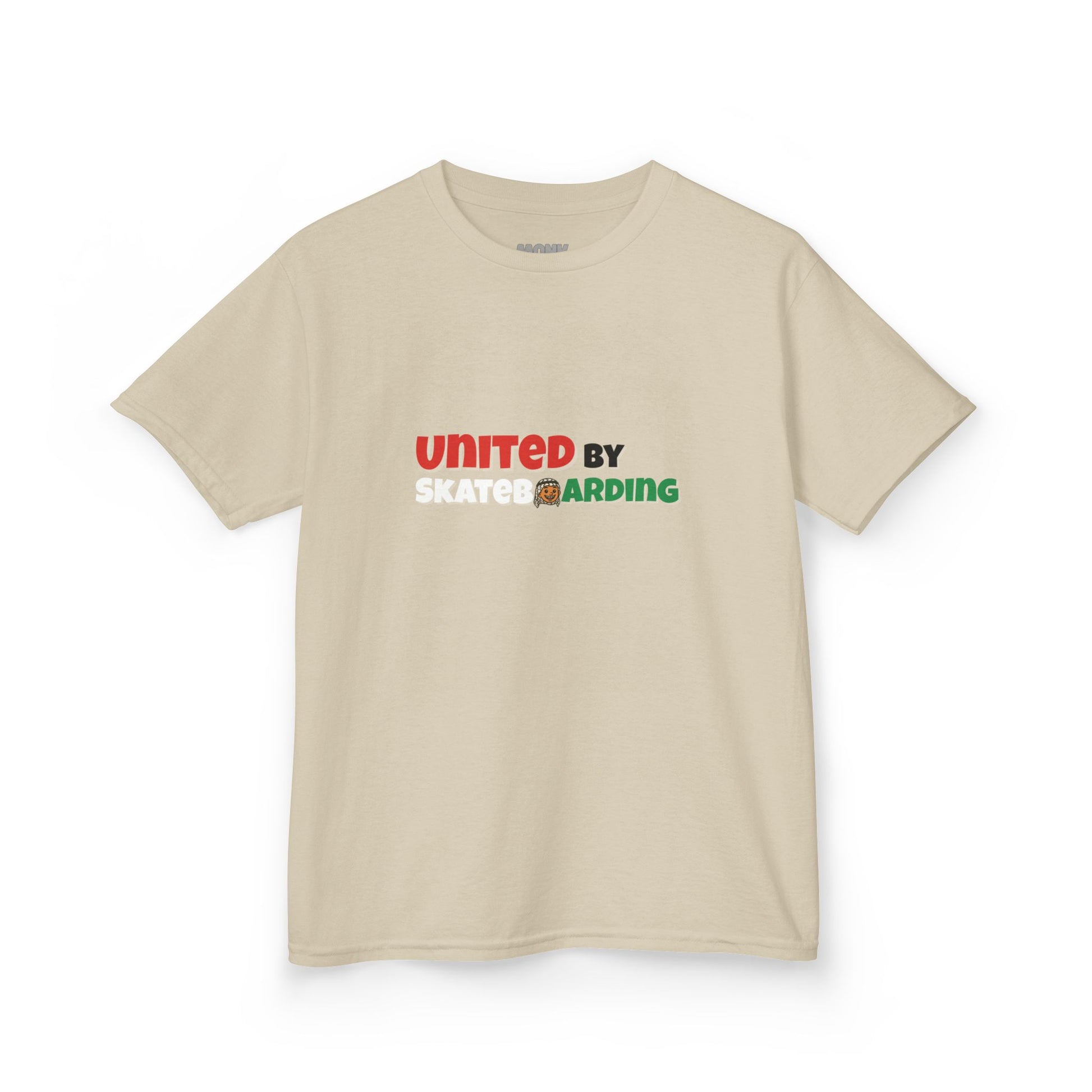 100% Cotton Youth T-shirt Help Gaza Unite by Skateboarding Monk Front View Sand Color Front View