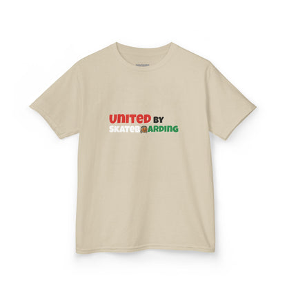 100% Cotton Youth T-shirt Help Gaza Unite by Skateboarding Monk Front View Sand Color Front View