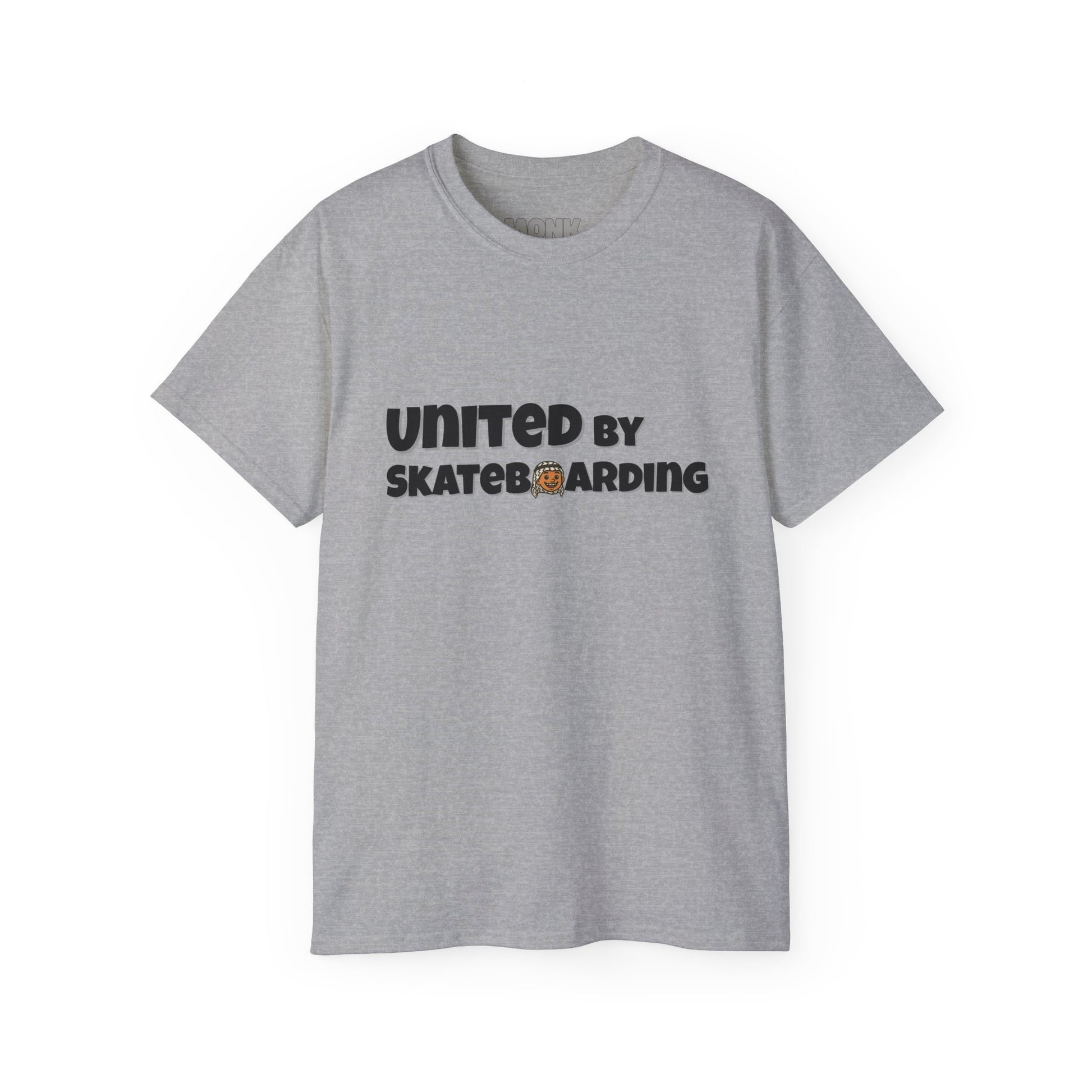 Help Gaza Skateboarding Adult 100% Cotton T-shirt Monk Front View Grey Color