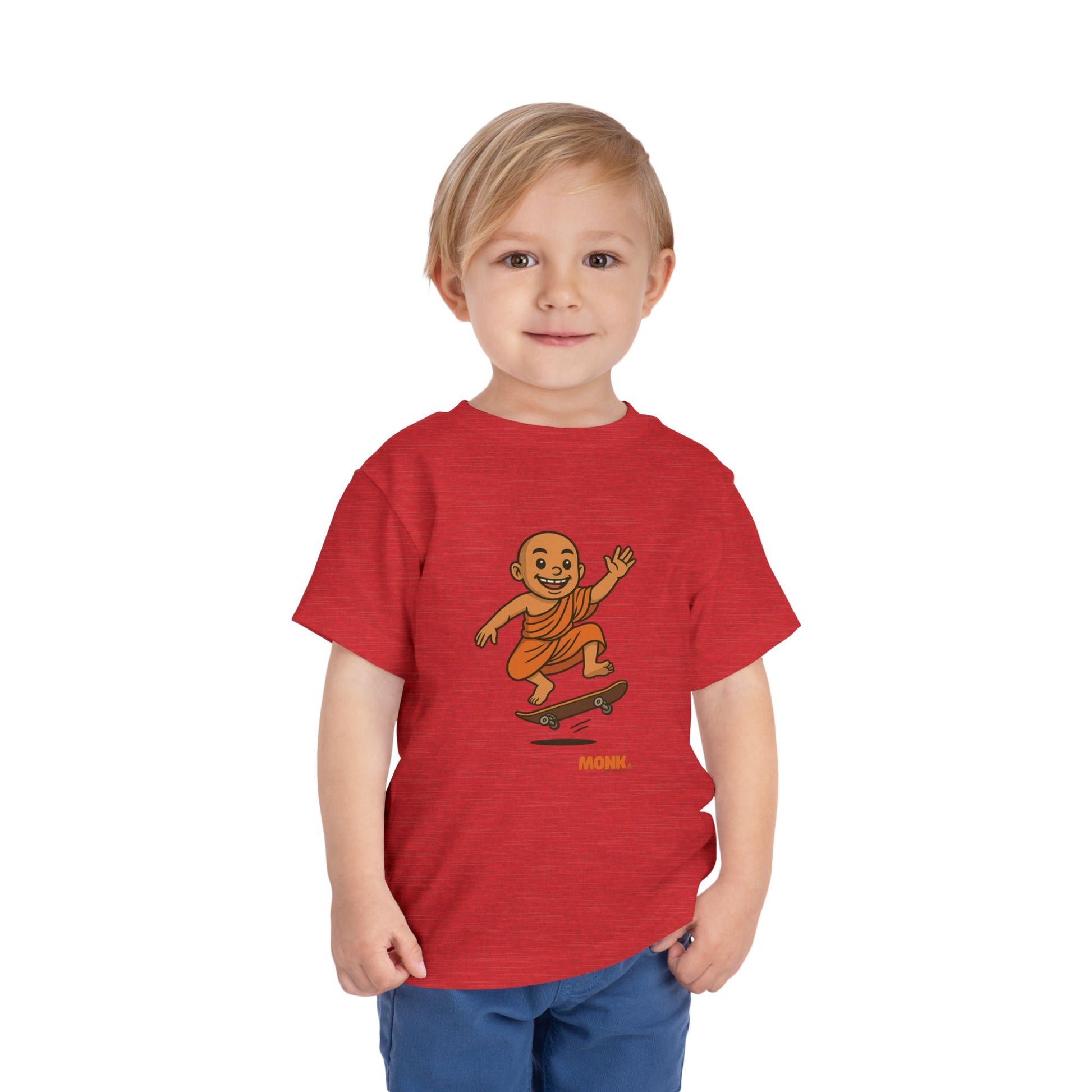 T-shirt Kid Breathable Cotton Monk Rolling Skateboard Boy Front View Heather Red Color 
