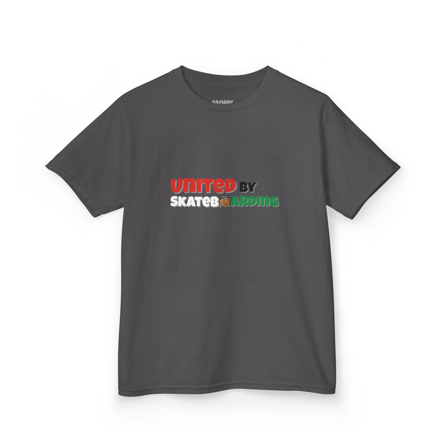 100% Cotton Youth T-shirt Help Gaza Unite by Skateboarding Monk Front View Charcoal Color Front View