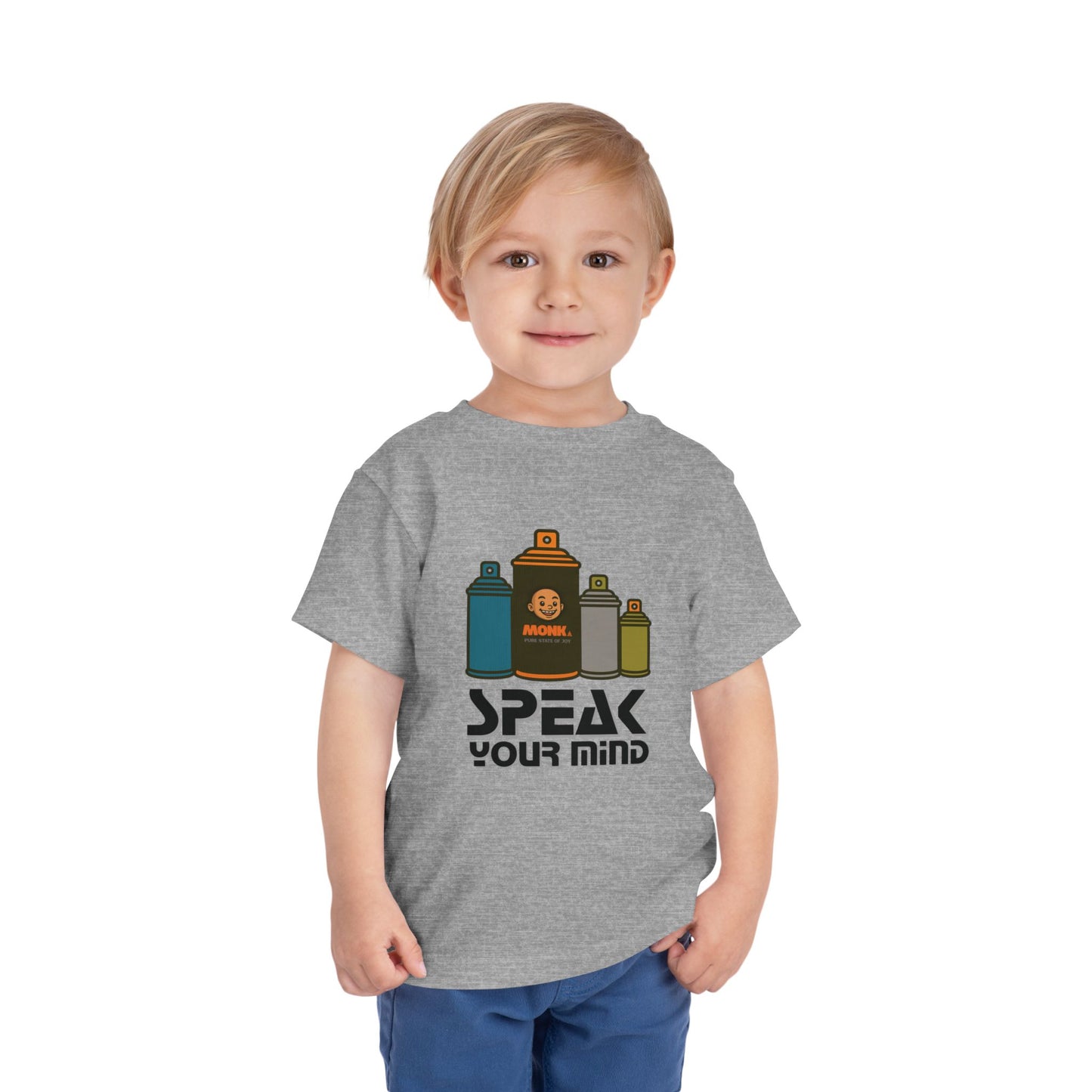 T-shirt Kid Breathable Cotton Monk Speak Loud Boy Front View Athletic Heather Color