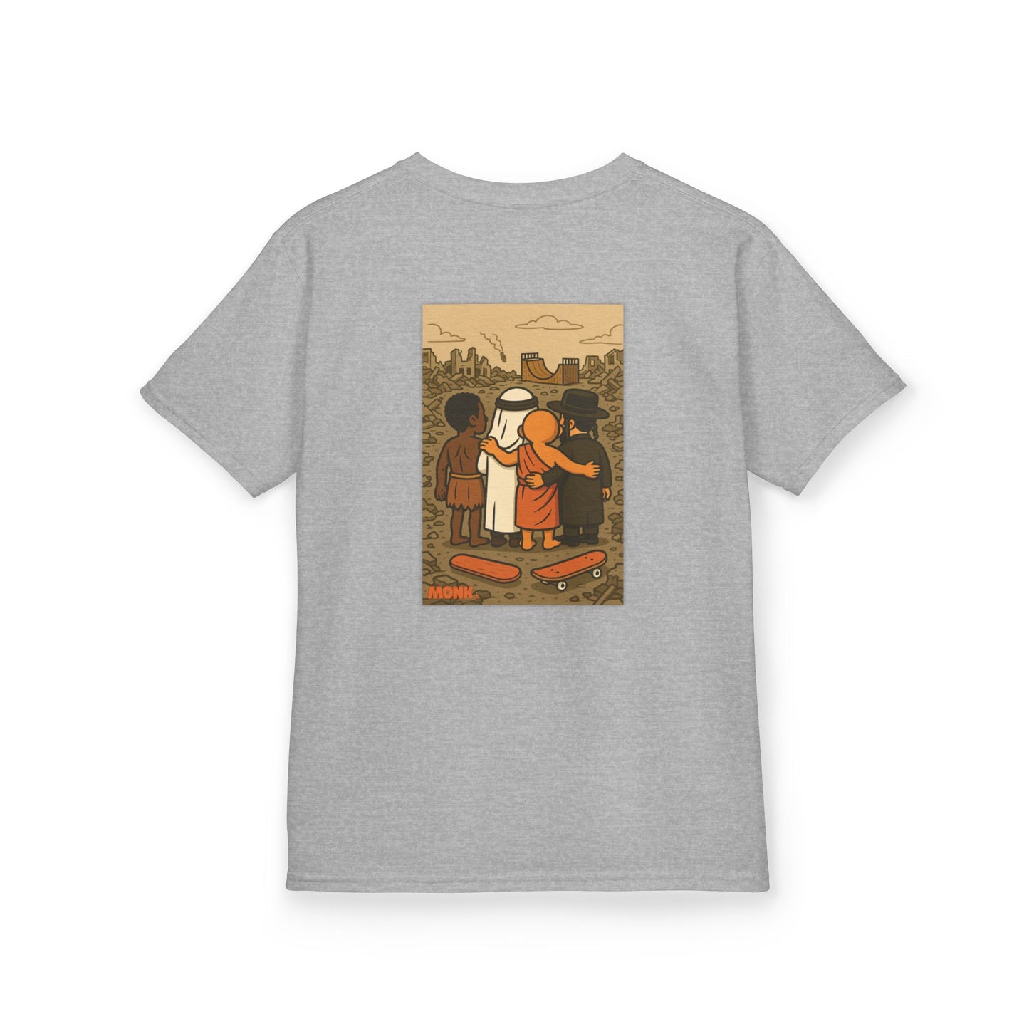 100% Cotton Youth T-shirt Help Gaza Unite by Skateboarding Monk Front View Grey Color Back View