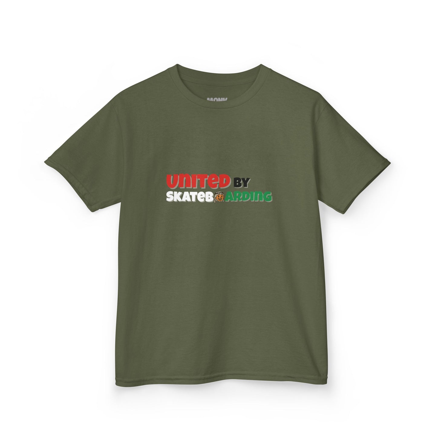 100% Cotton Youth T-shirt Help Gaza Unite by Skateboarding Monk Front View Military Green Front View