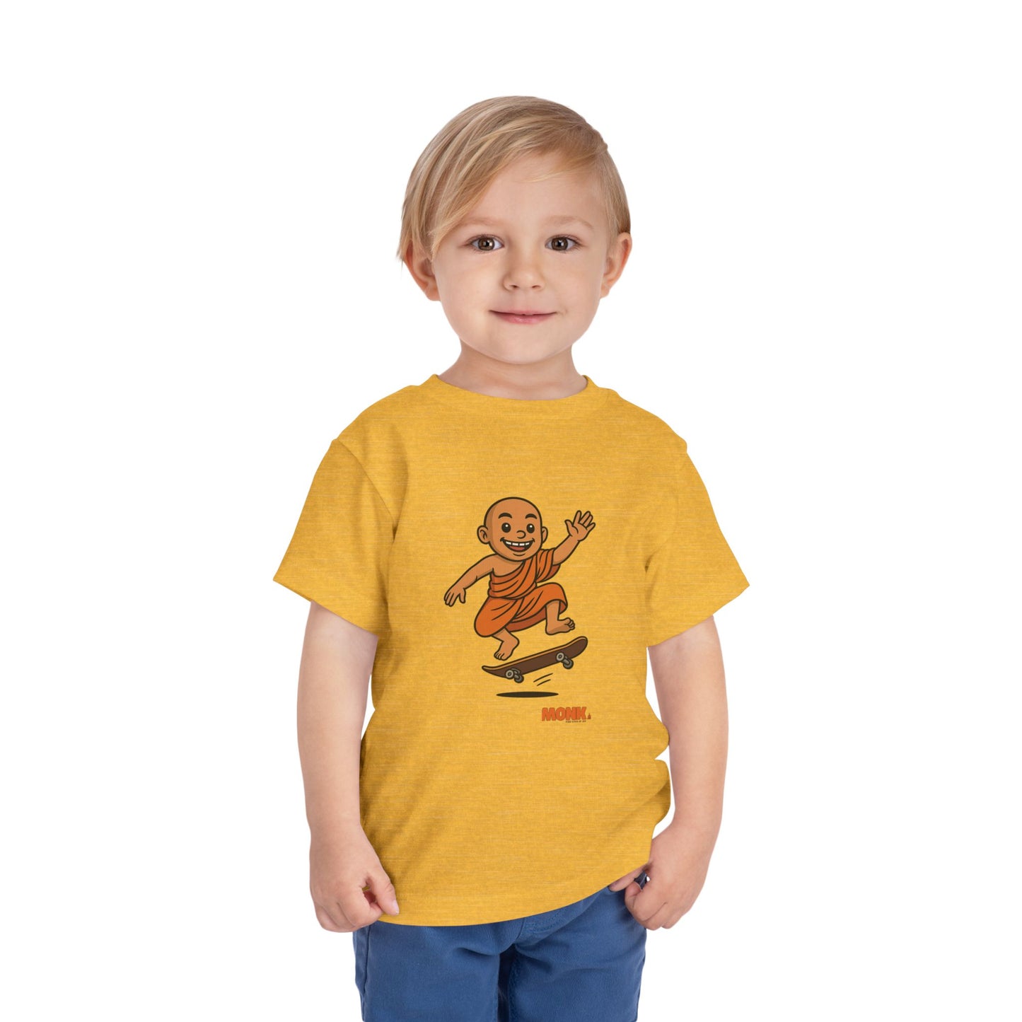 T-shirt Kid Breathable Cotton Monk Rolling Skateboard Boy Front View Heather Yellow Gold Color