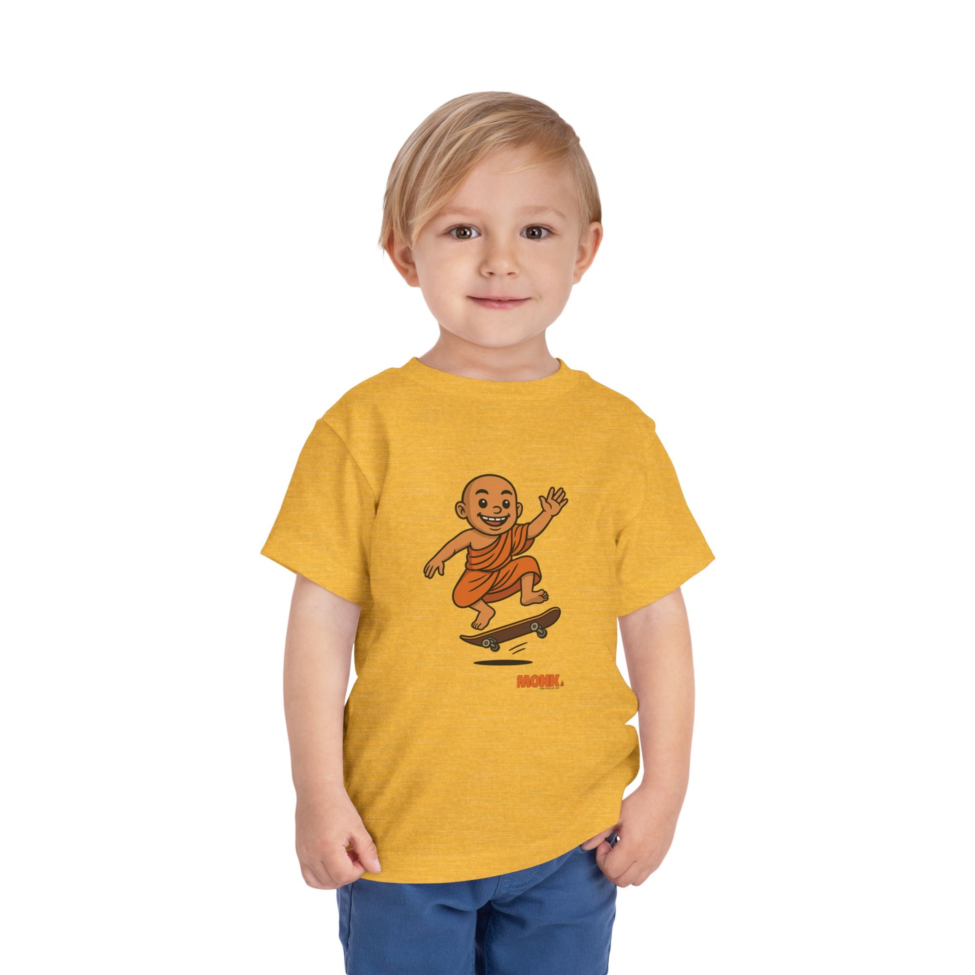 T-shirt Kid Breathable Cotton Monk Rolling Skateboard Boy Front View Heather Yellow Gold Color