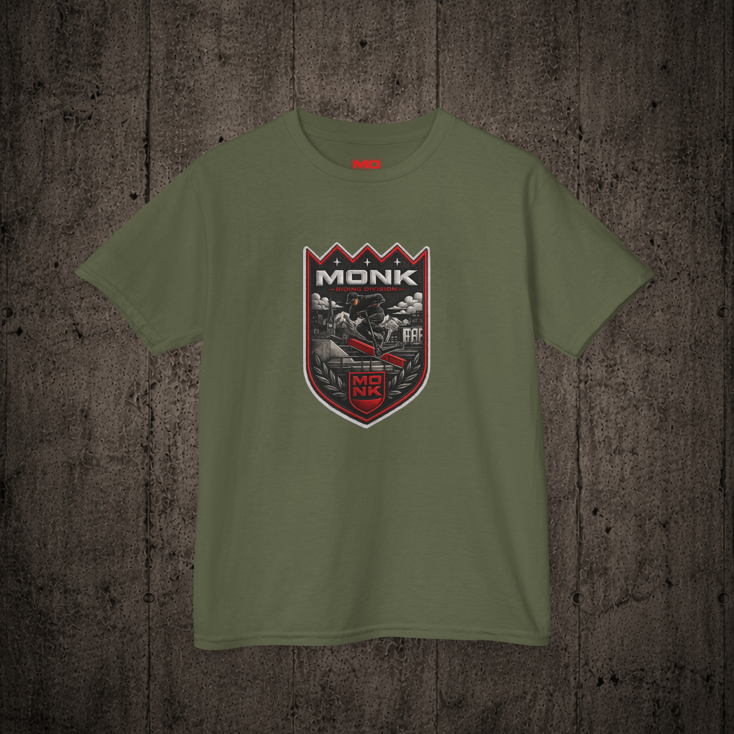 Coat of Arms Youth graphic t-shirt in Military Green inspired by freestyle scootering culture and rider community.