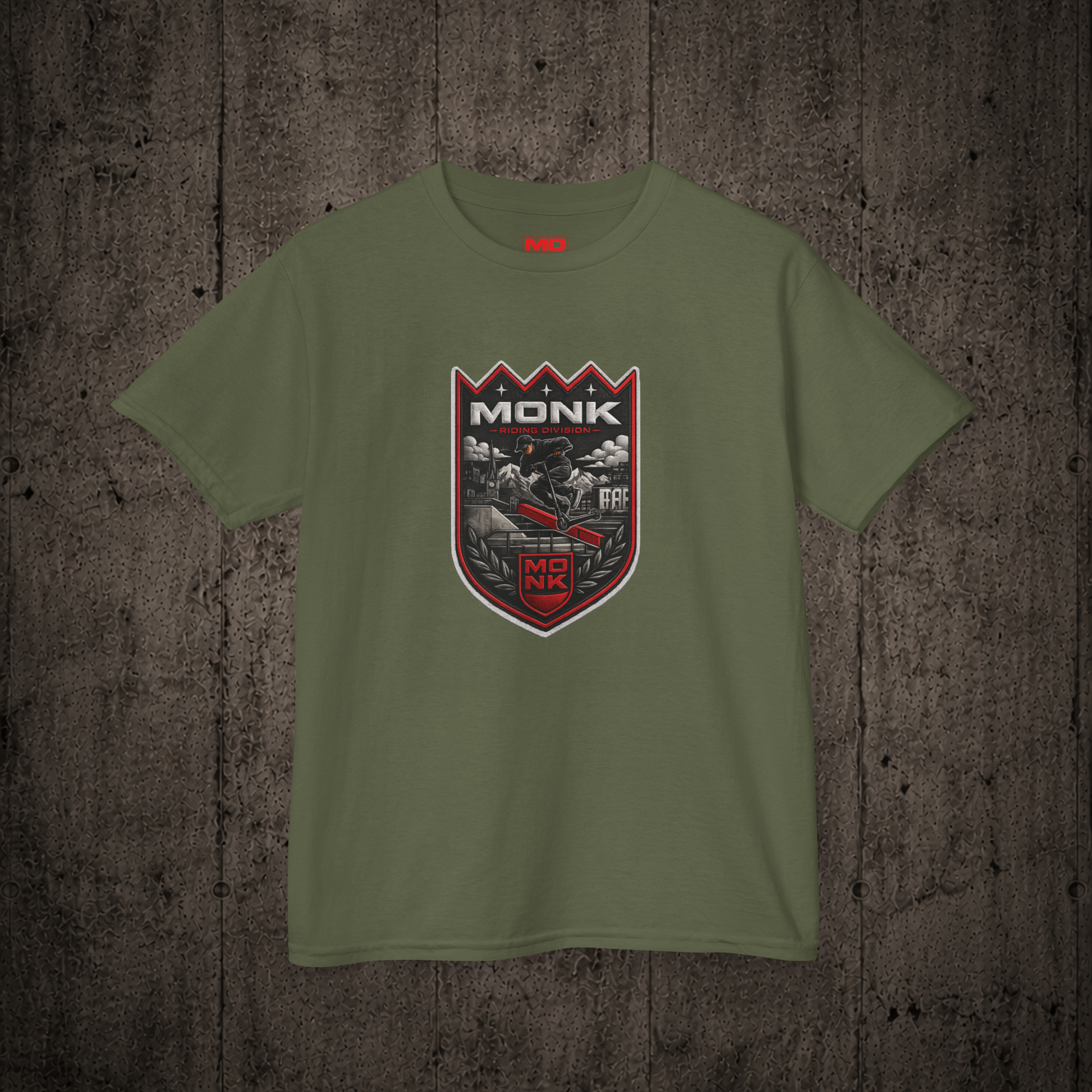 Coat of Arms Youth graphic t-shirt in Military Green inspired by freestyle scootering culture and rider community.