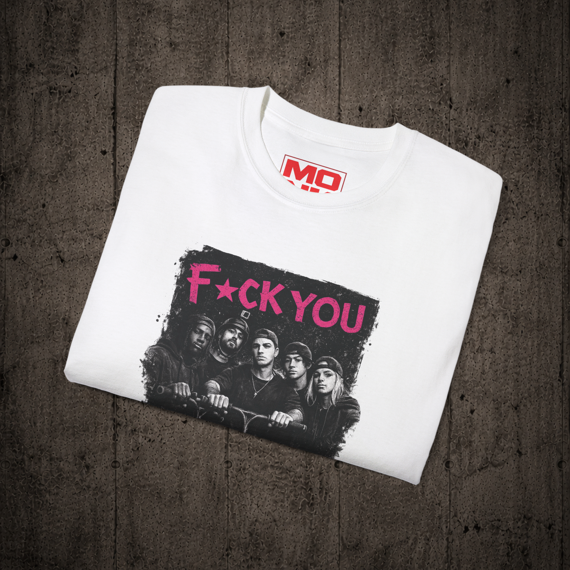 Folded White F*CK YOU graphic t-shirt by MONK featuring premium streetwear artwork.