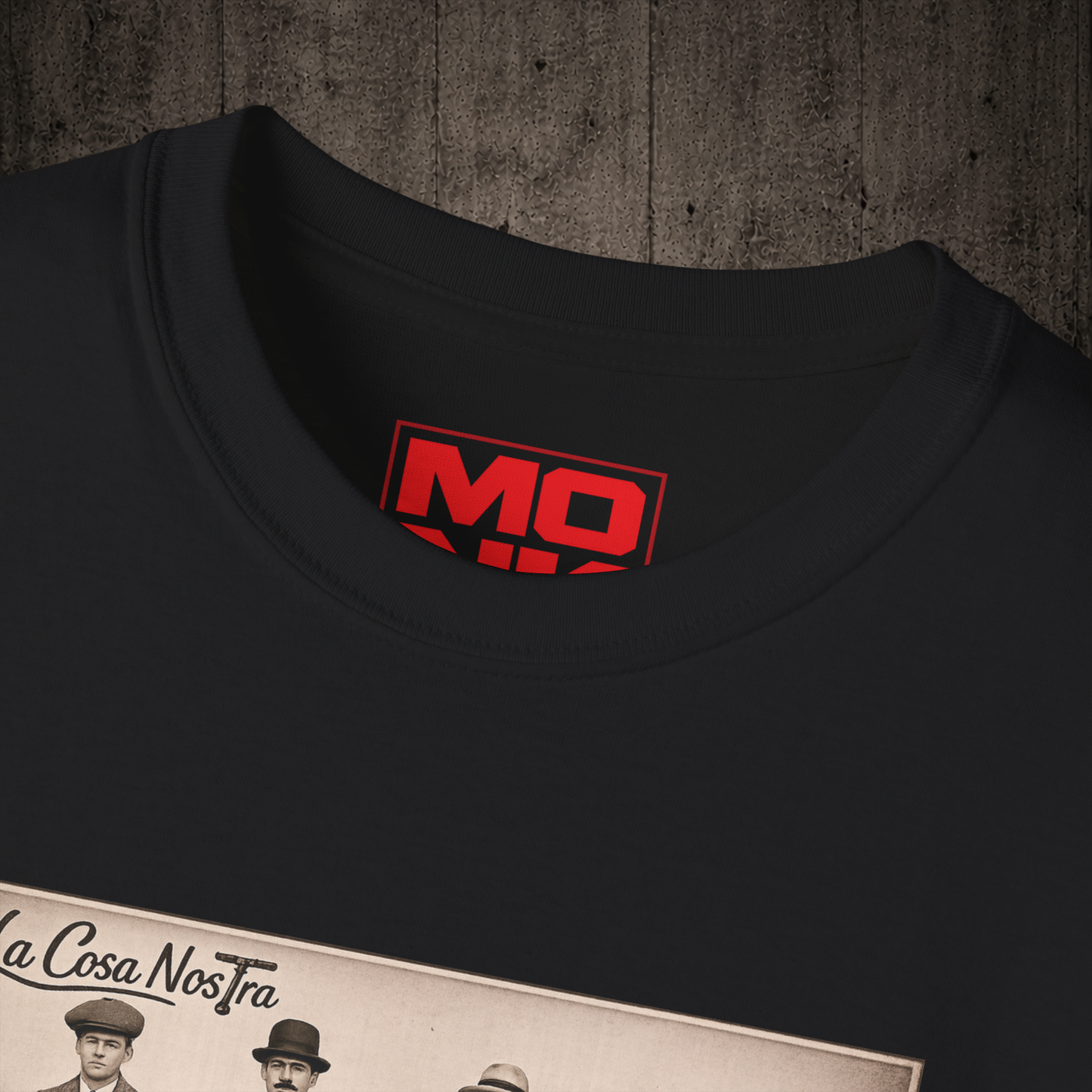 La Cosa Nostra graphic t-shirt colar detail in Black inspired by freestyle scootering culture, friendship and rider community.