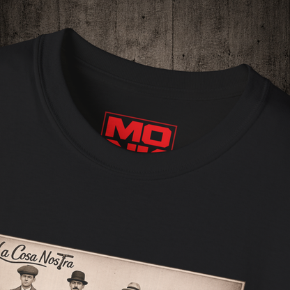 La Cosa Nostra graphic t-shirt colar detail in Black inspired by freestyle scootering culture, friendship and rider community.