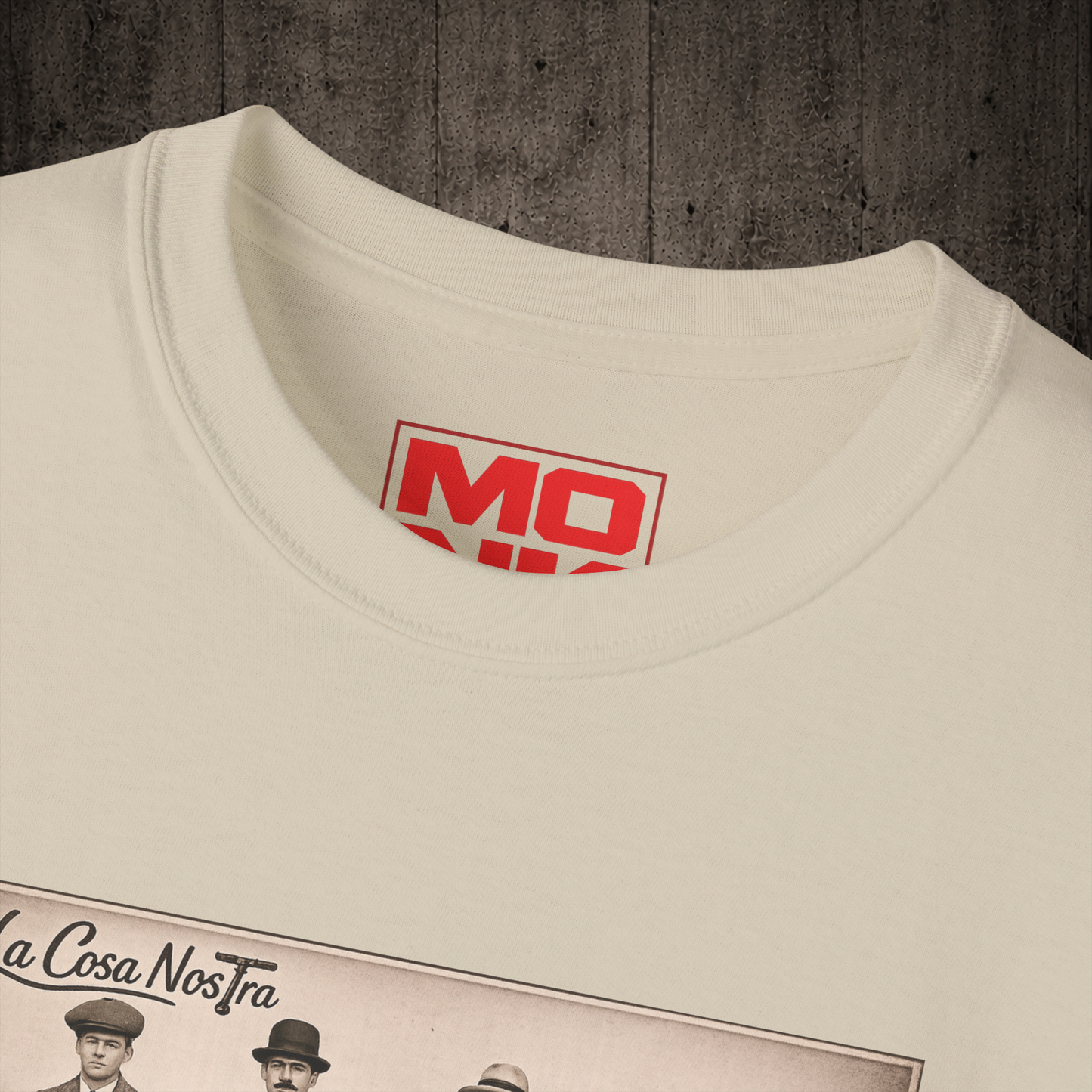La Cosa Nostra graphic colar detail t-shirt in Sand inspired by freestyle scootering culture, friendship and rider community.