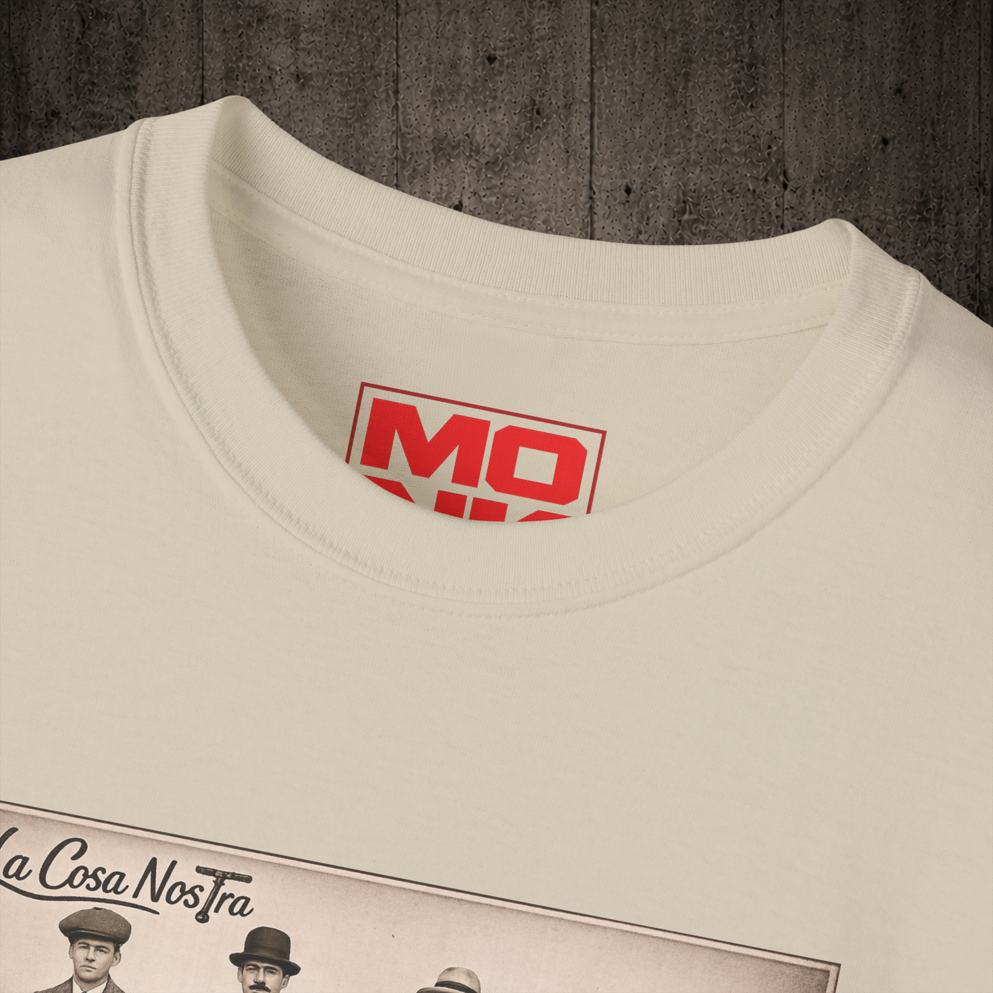 La Cosa Nostra graphic colar detail t-shirt in Sand inspired by freestyle scootering culture, friendship and rider community.