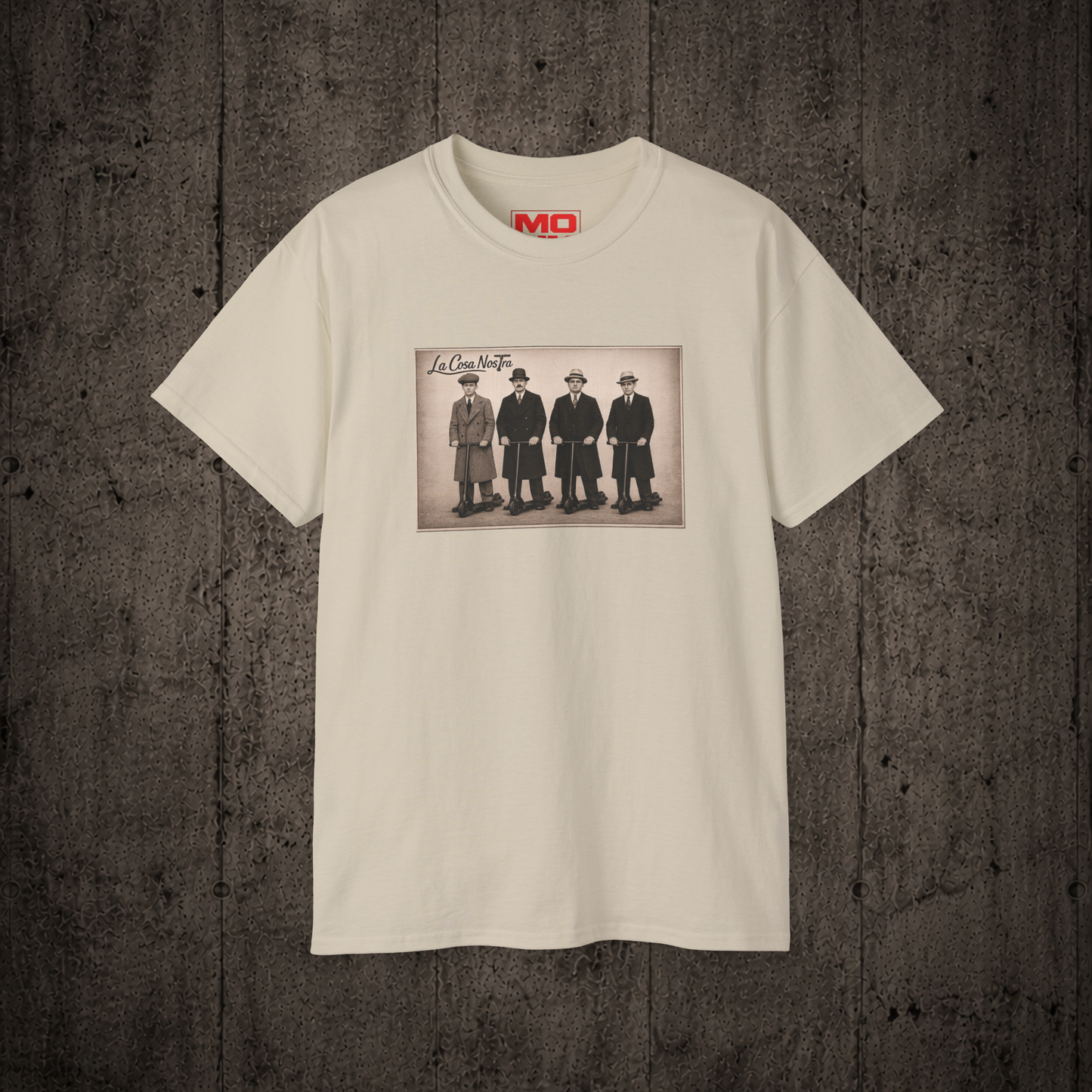 La Cosa Nostra graphic t-shirt in Sand inspired by freestyle scootering culture, friendship and rider community.