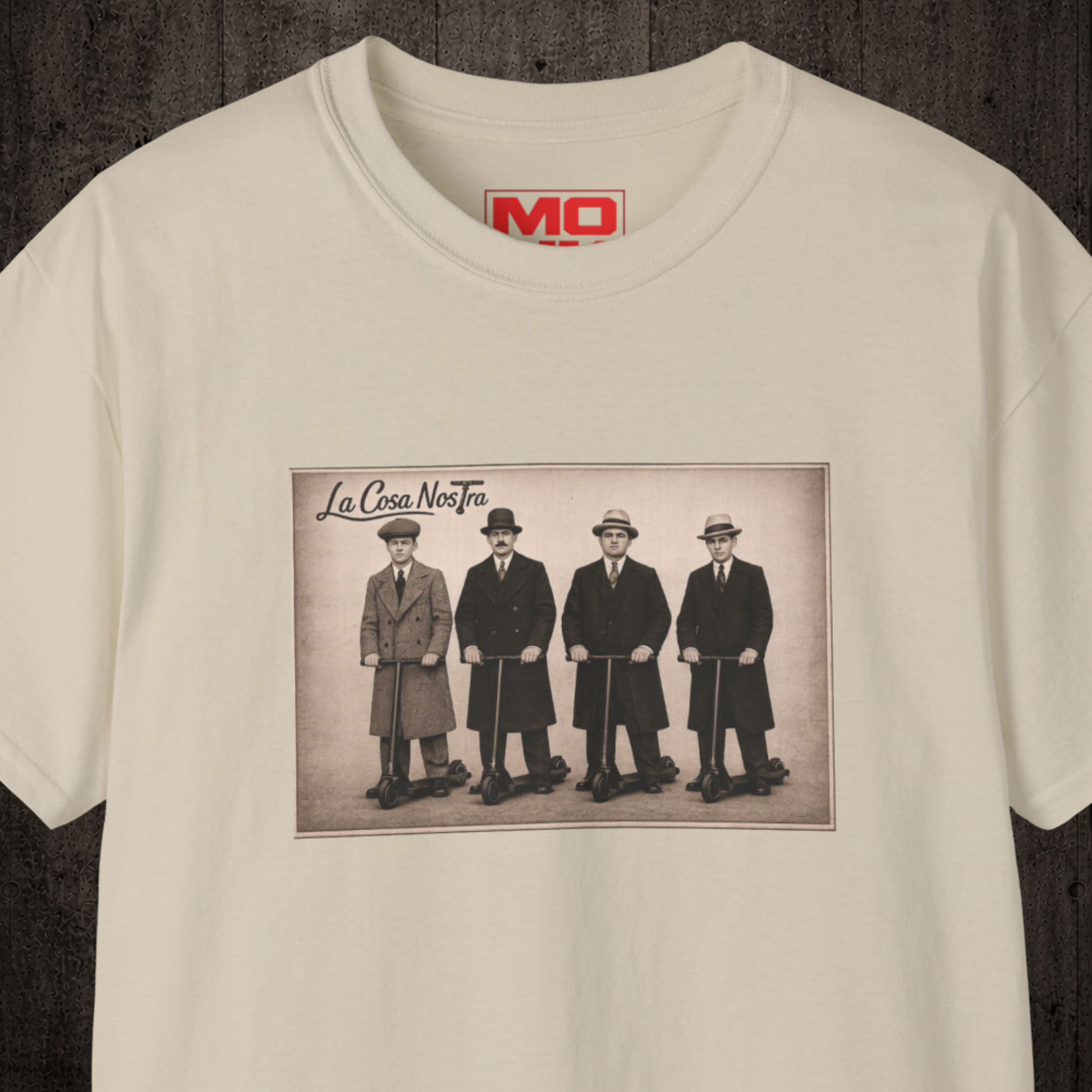 La Cosa Nostra graphic zoom t-shirt in Sand inspired by freestyle scootering culture, friendship and rider community.