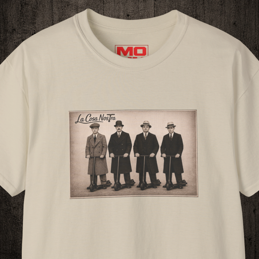 La Cosa Nostra graphic zoom t-shirt in Sand inspired by freestyle scootering culture, friendship and rider community.