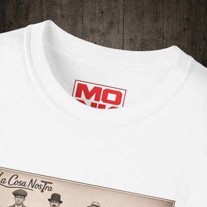La Cosa Nostra graphic t-shirt colar detail in White inspired by freestyle scootering culture, friendship and rider community.