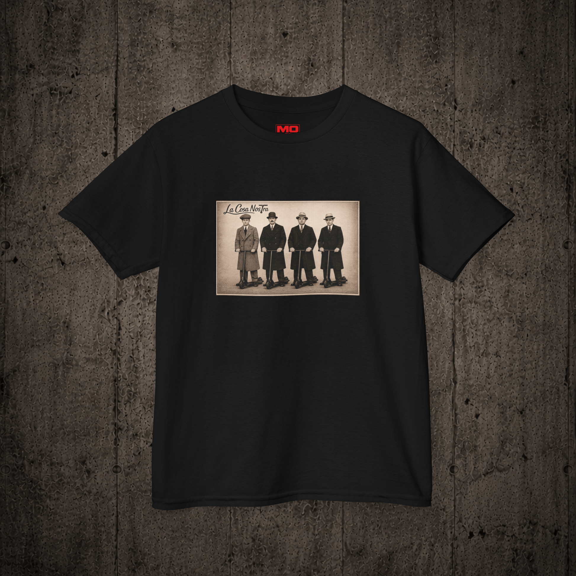 La Cosa Nostra Youth graphic t-shirt in Black inspired by freestyle scootering culture and rider friendships.