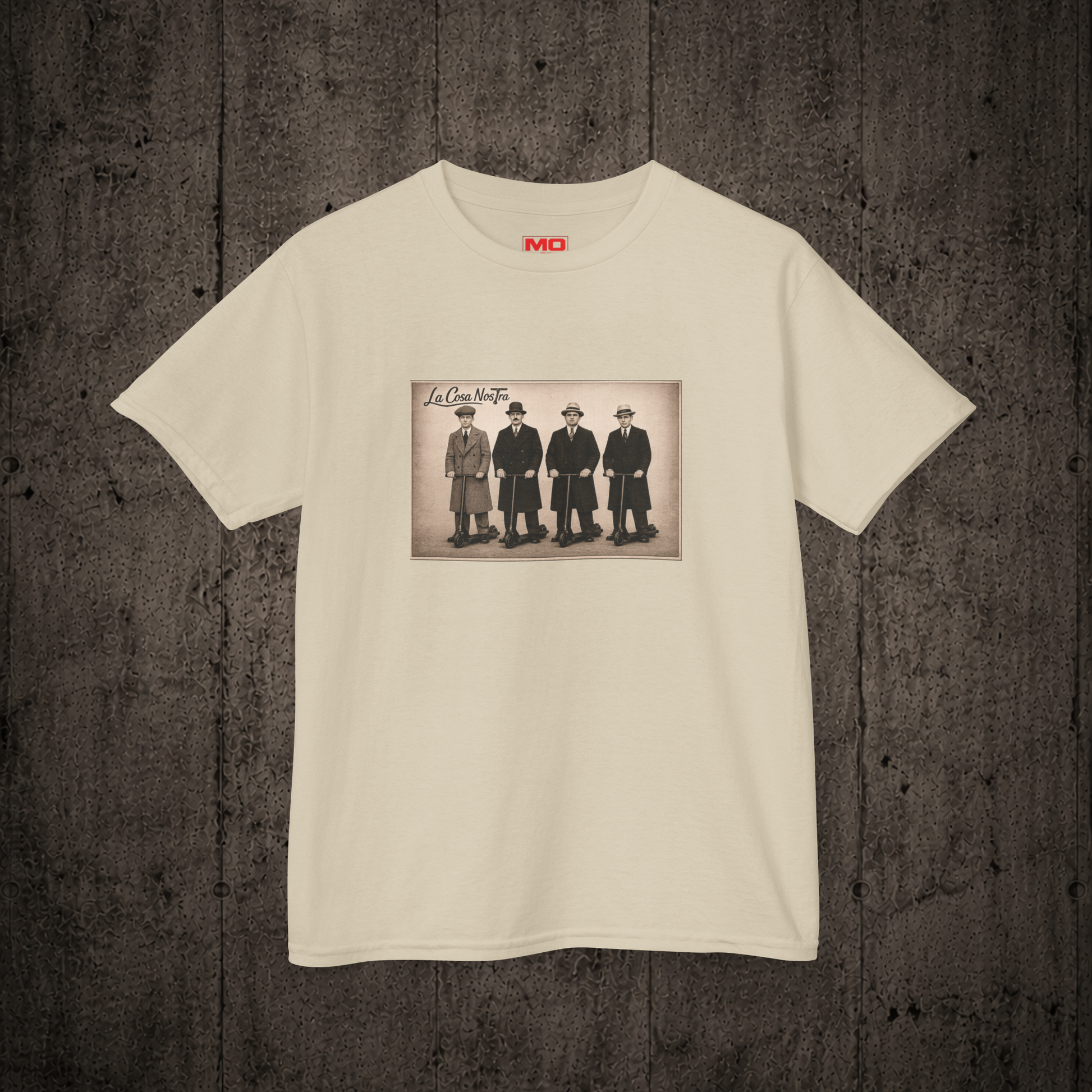 La Cosa Nostra Youth graphic t-shirt in Sand inspired by freestyle scootering culture and rider friendships.
