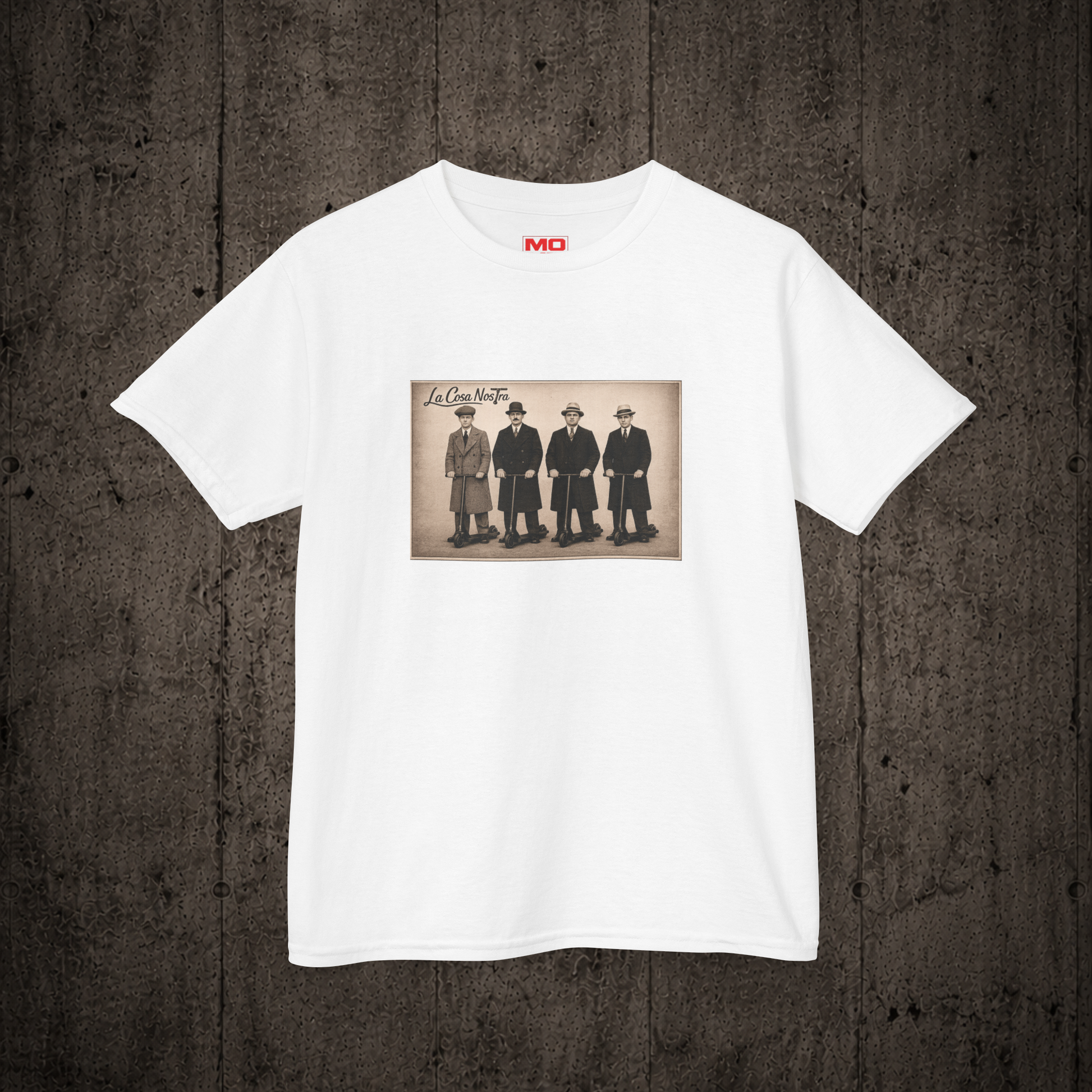 La Cosa Nostra Youth graphic t-shirt in White inspired by freestyle scootering culture and rider friendships.